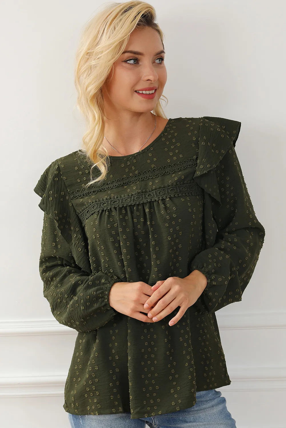 Women’s Round Neck Ruffled Blouse with Lace Detail – Elegant Casual Top - Roe Creation