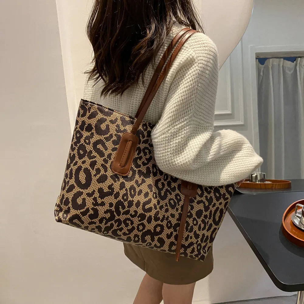Leopard Print PU Leather Tote Bag - Roe Creation
