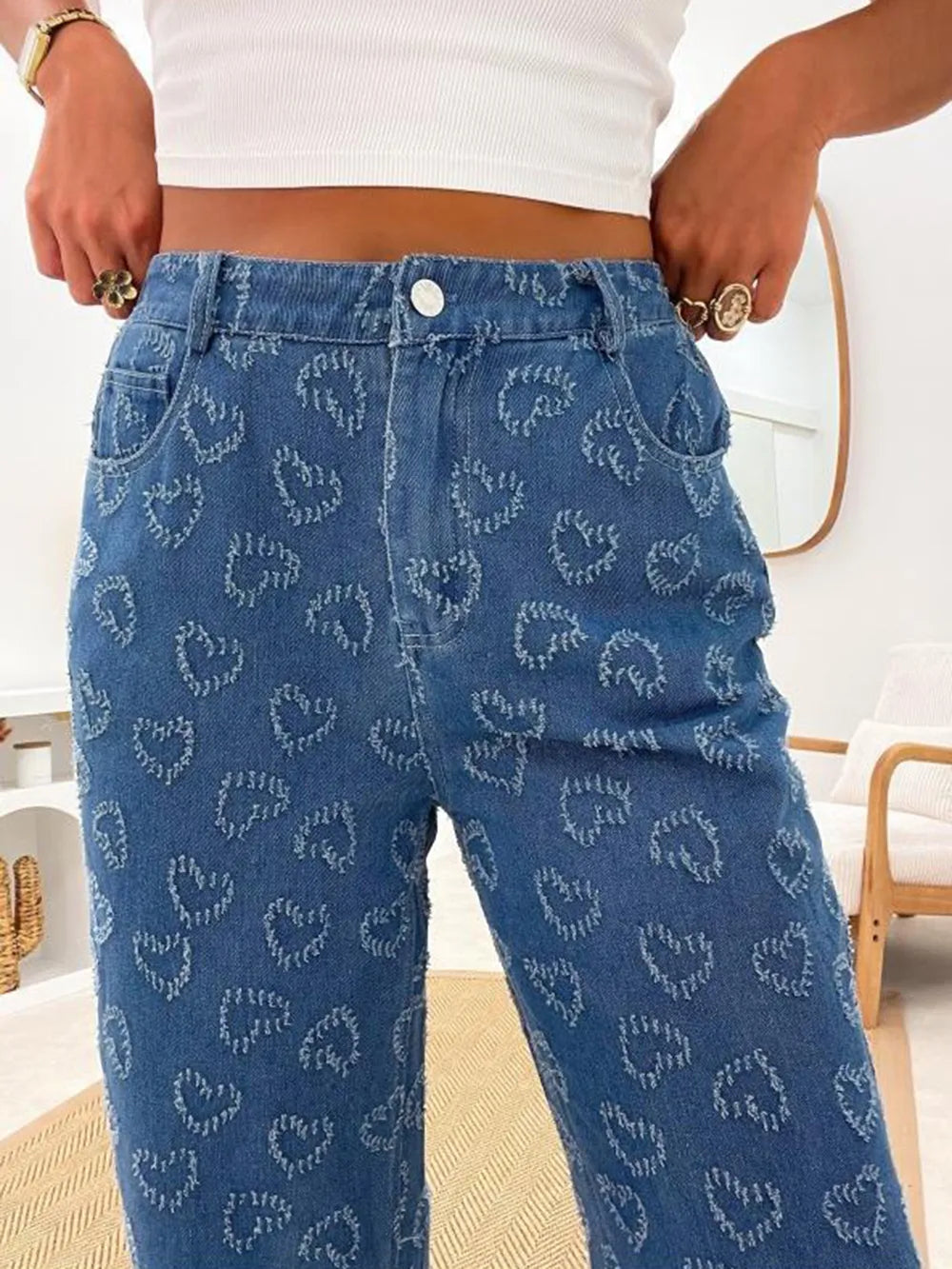 Heart Washed straight Leg Jeans - Roe Creation