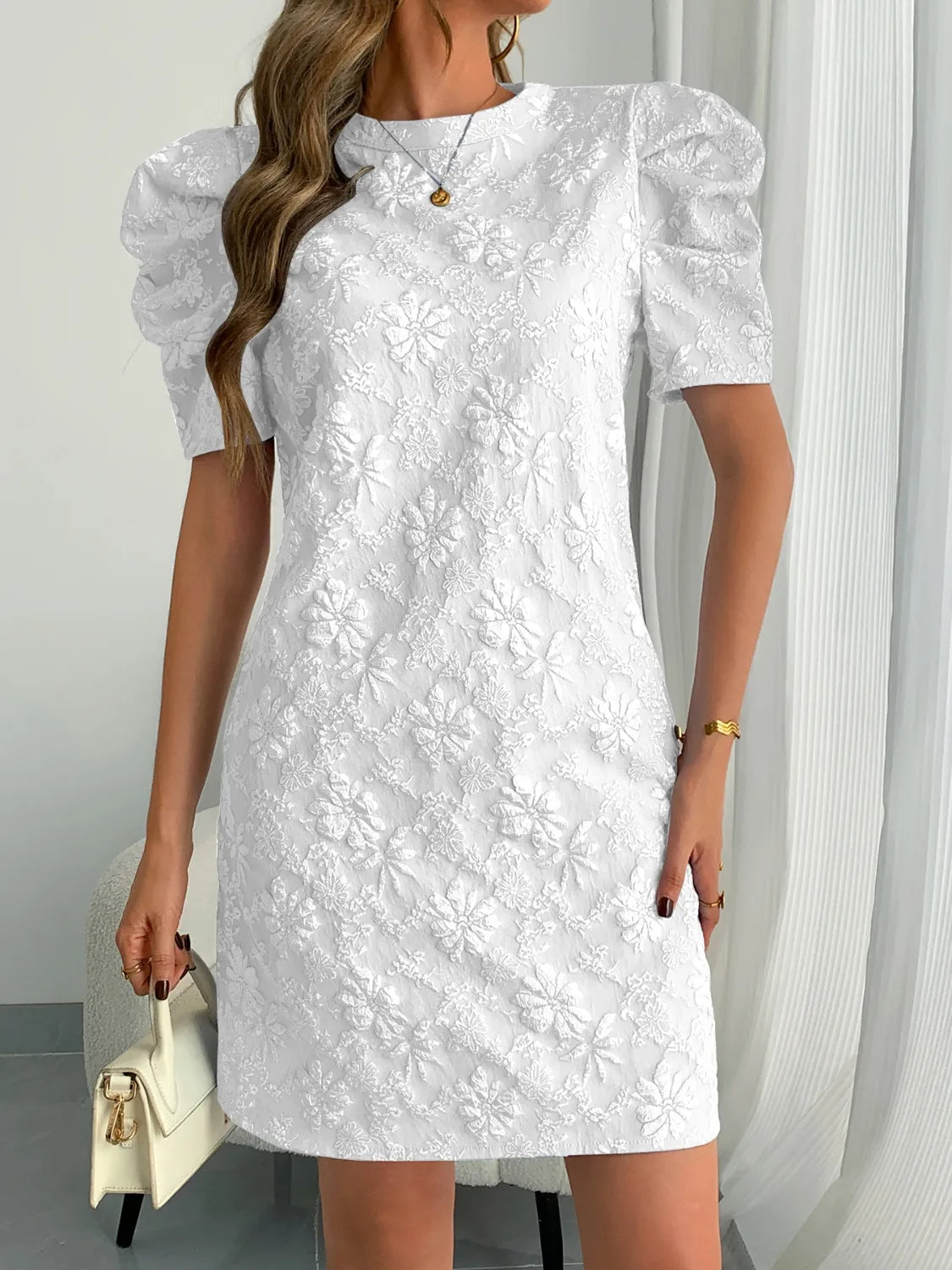 Round Neck Puff Short Sleeve Mini Dress - Roe Creation