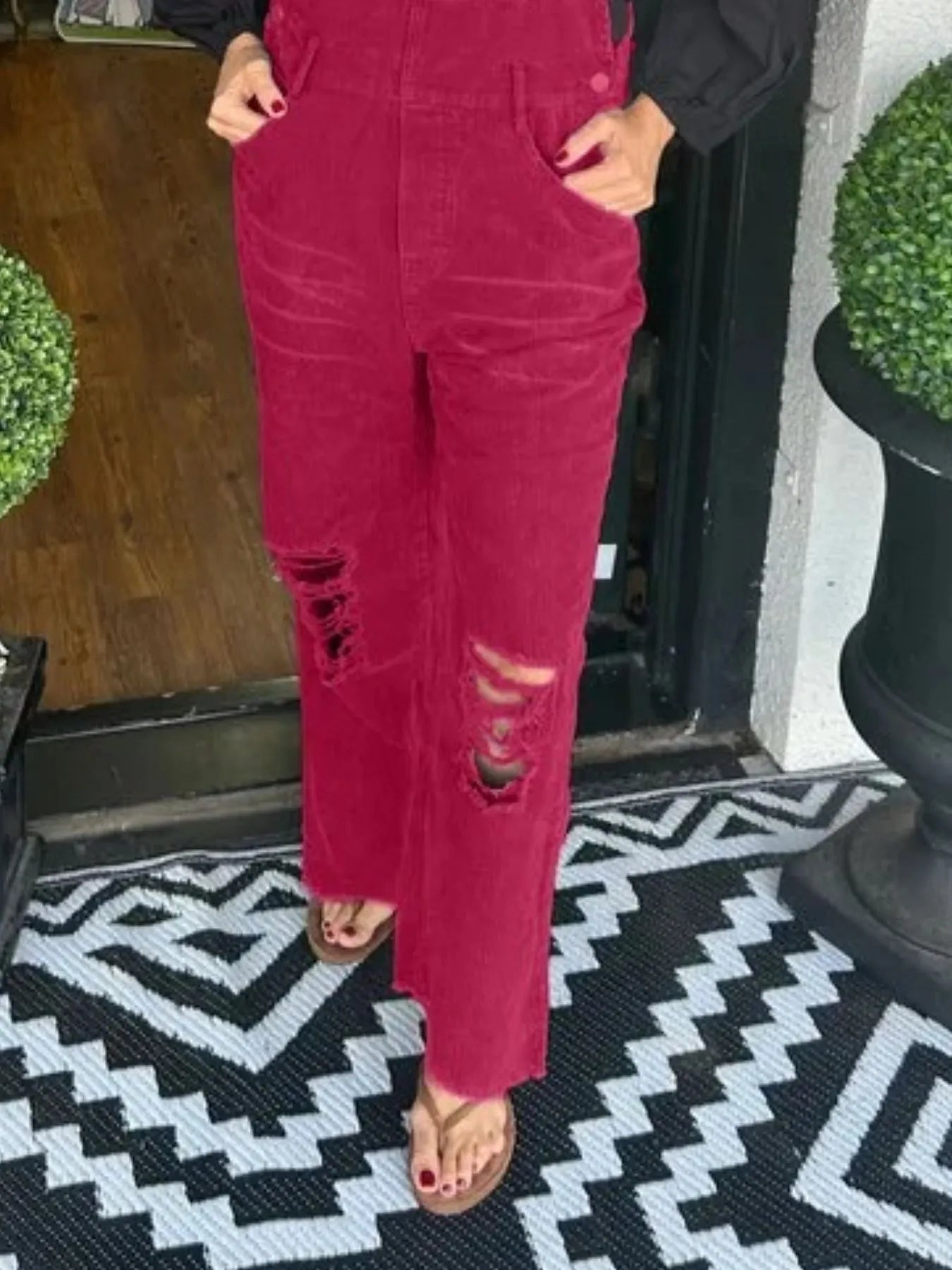 Distressed Wide Leg Corduroy Overalls - Roe Creation