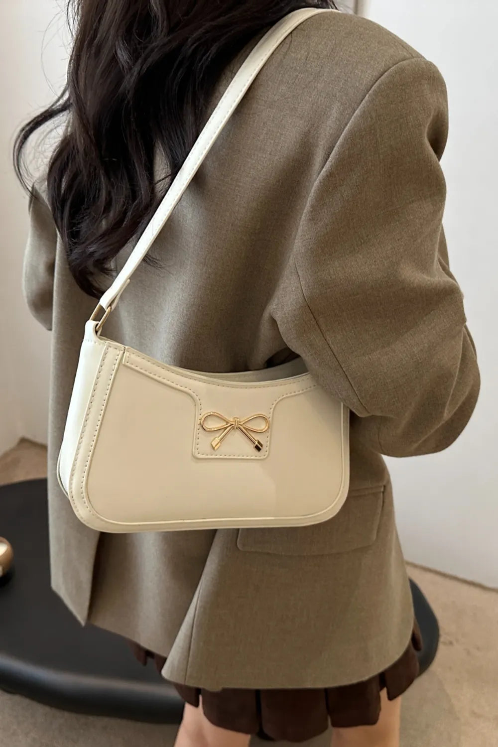 Bow Trim PU Leather Shoulder Bag - Roe Creation