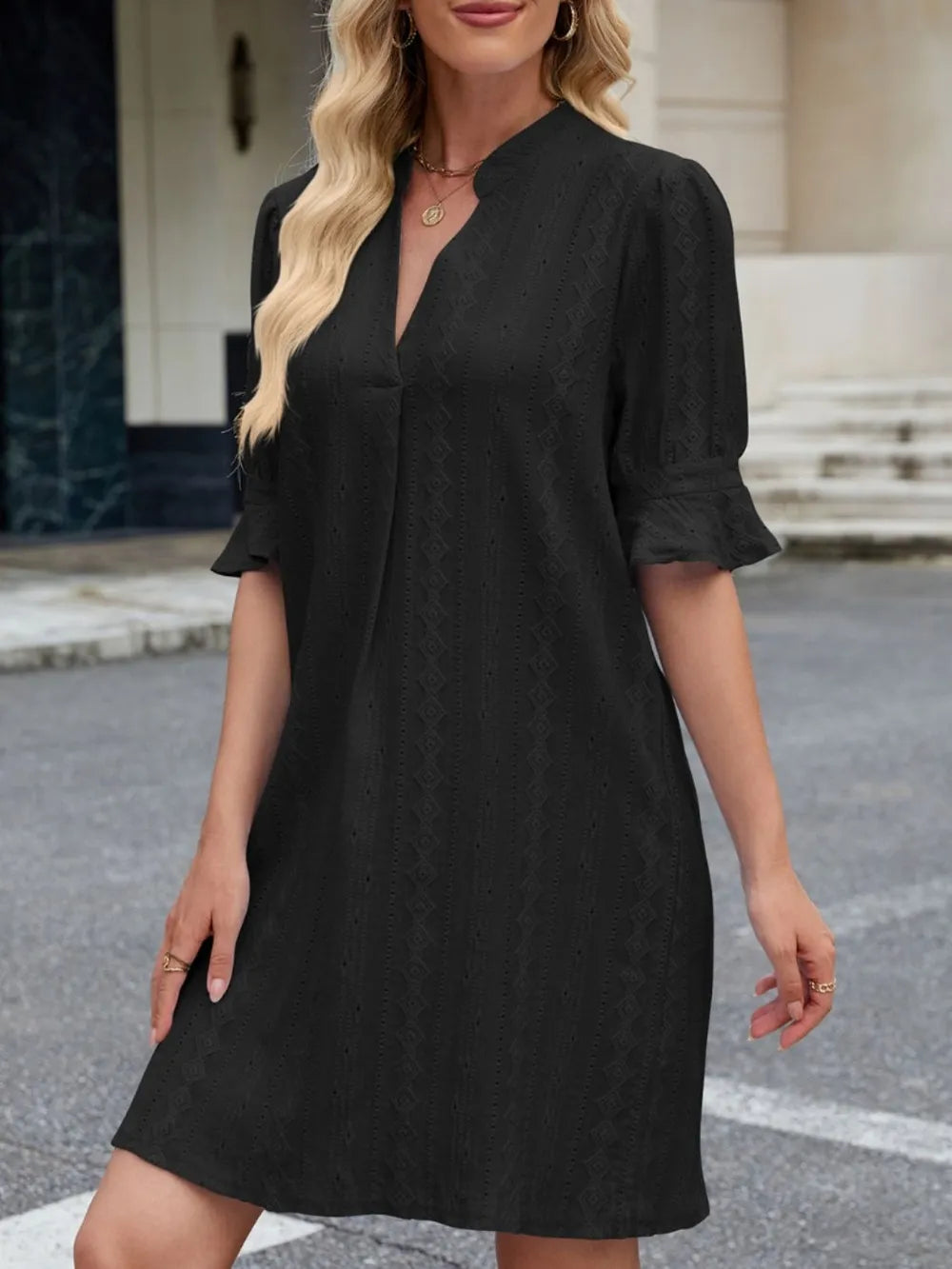 Eyelet Flounce Sleeve Mini Dress - Roe Creation