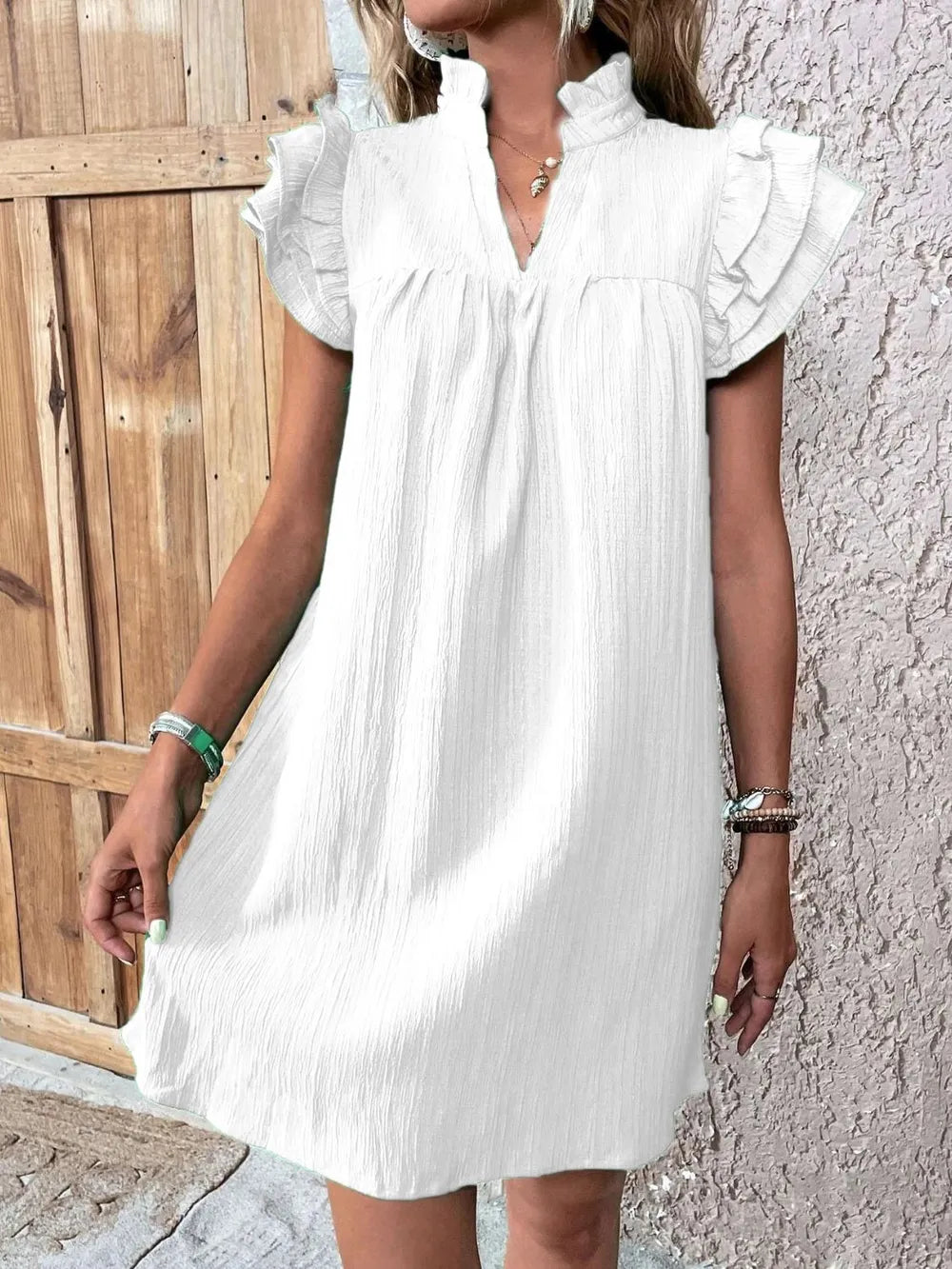 Ruffled Notched Cap Sleeve Mini Dress - Roe Creation