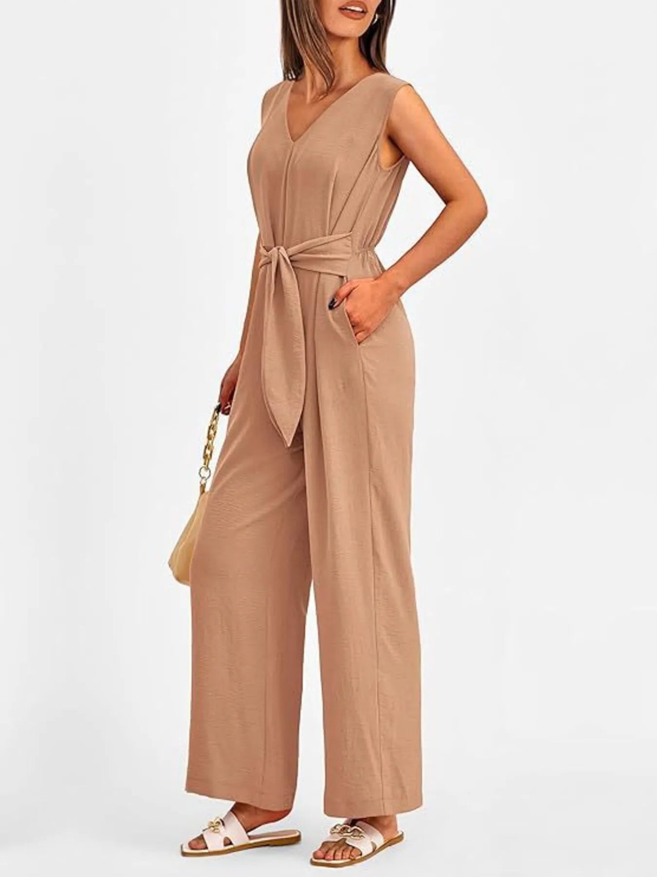 V-Neck Sleeveless Wide-Leg Jumpsuit with Waist Tie - Roe Creation