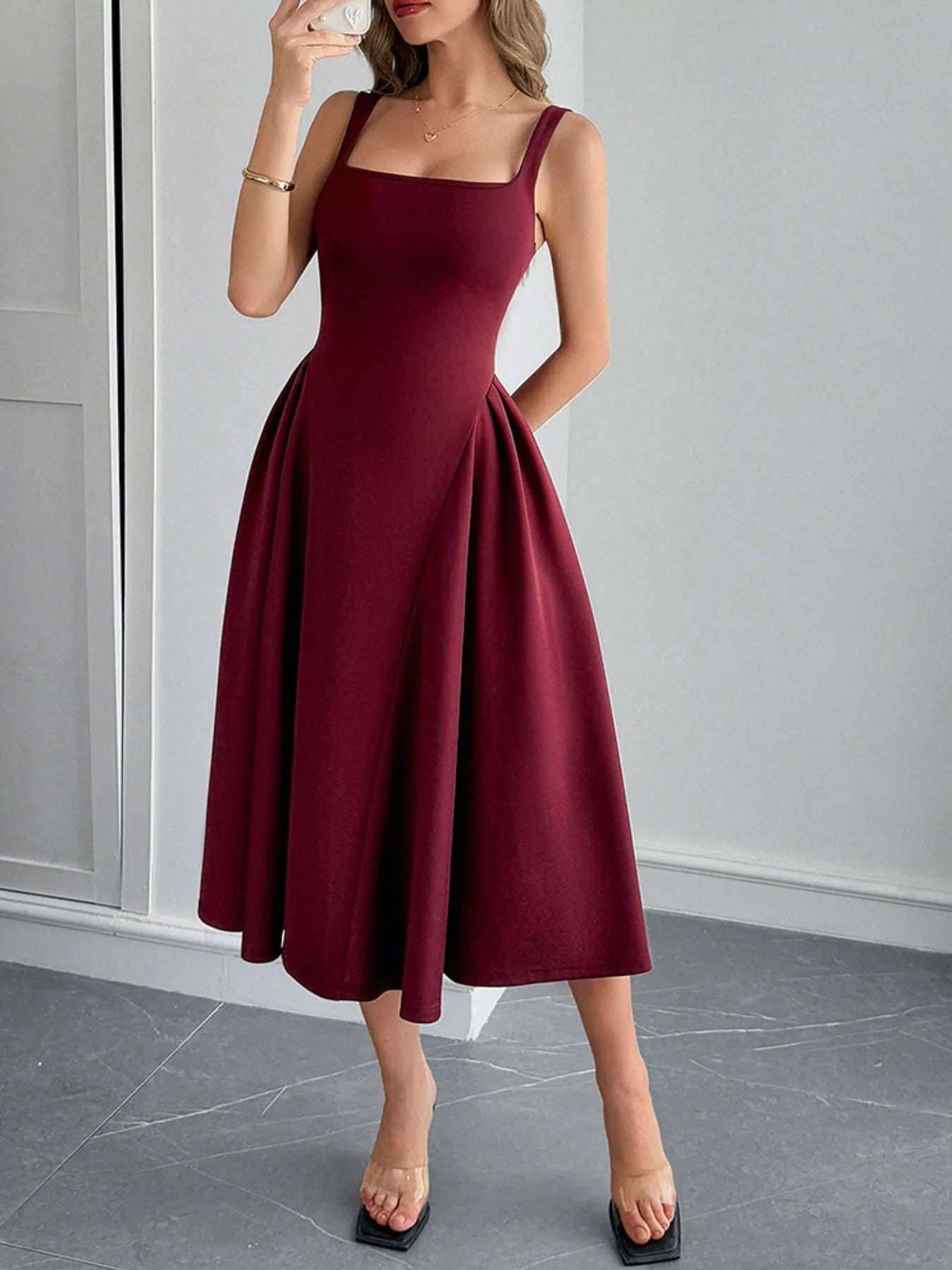 Square Neck Wide Strap Midi Dress - Roe Creation