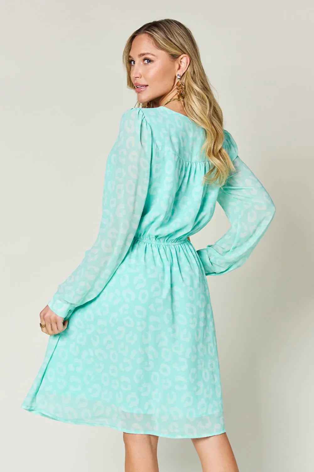 Double Take Full Size Printed Ruched V-Neck Long Sleeve Dress - Roe Creation