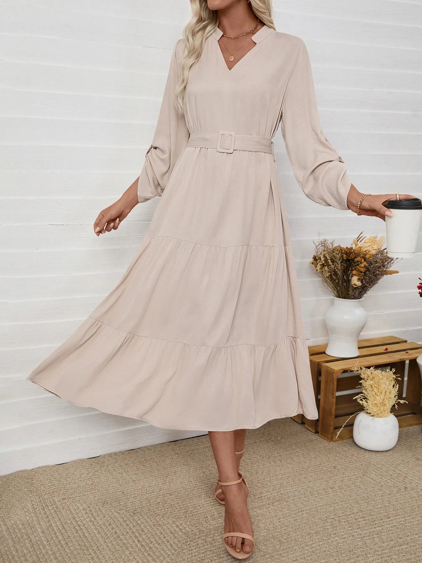 Tiered Notched Belted Midi Dress - Roe Creation