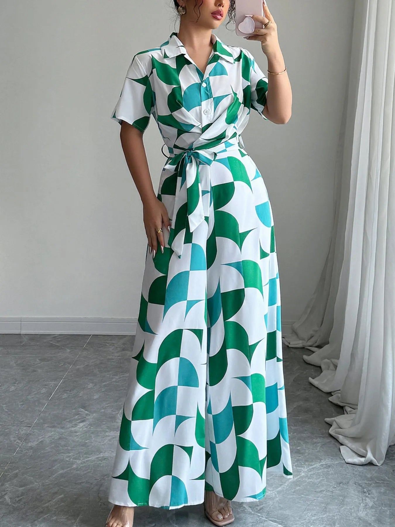 Printed Wide Leg Belted Jumpsuit - Roe Creation