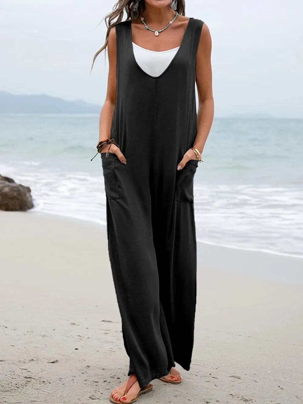 Full Size Wide Strap Jumpsuit with Pockets - Roe Creation