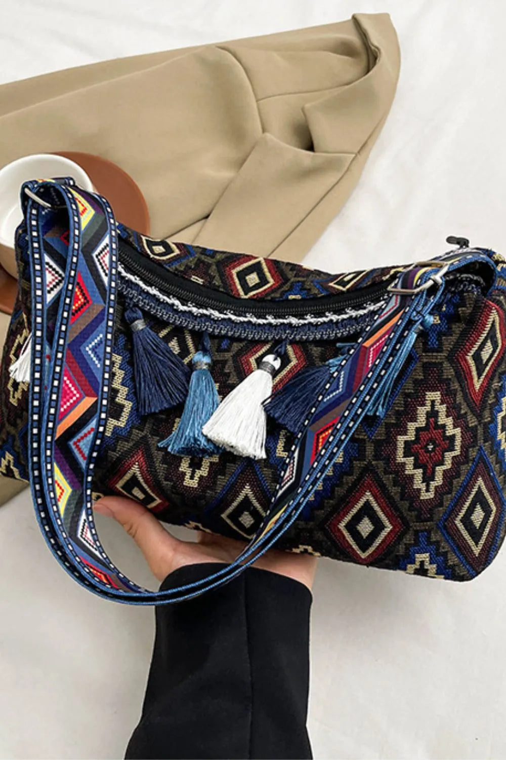 Retro Patterned Shoulder Bag with Tassel and Adjustable Strap - Roe Creation