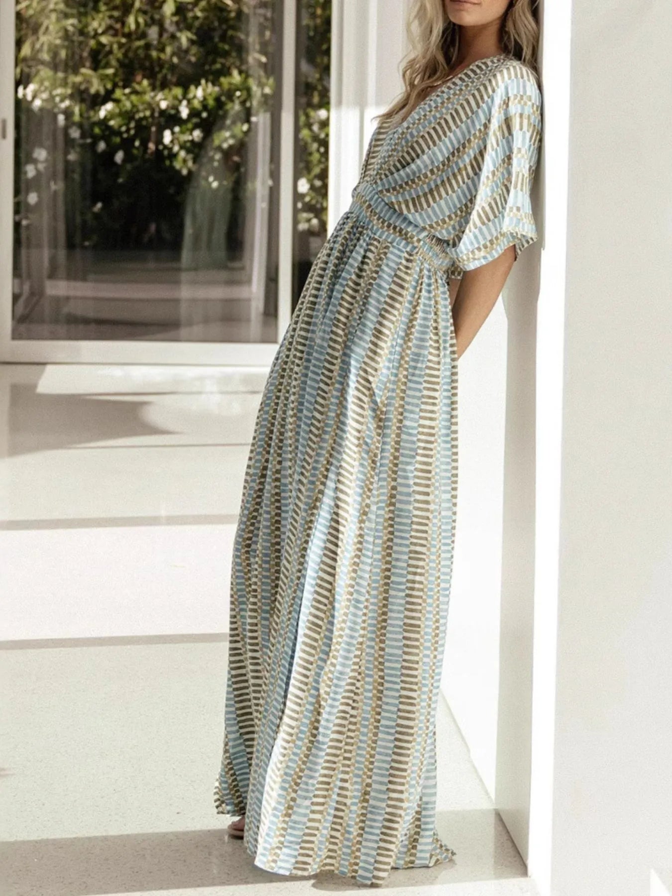 Slit V-Neck Short Sleeve Maxi Dress - Roe Creation