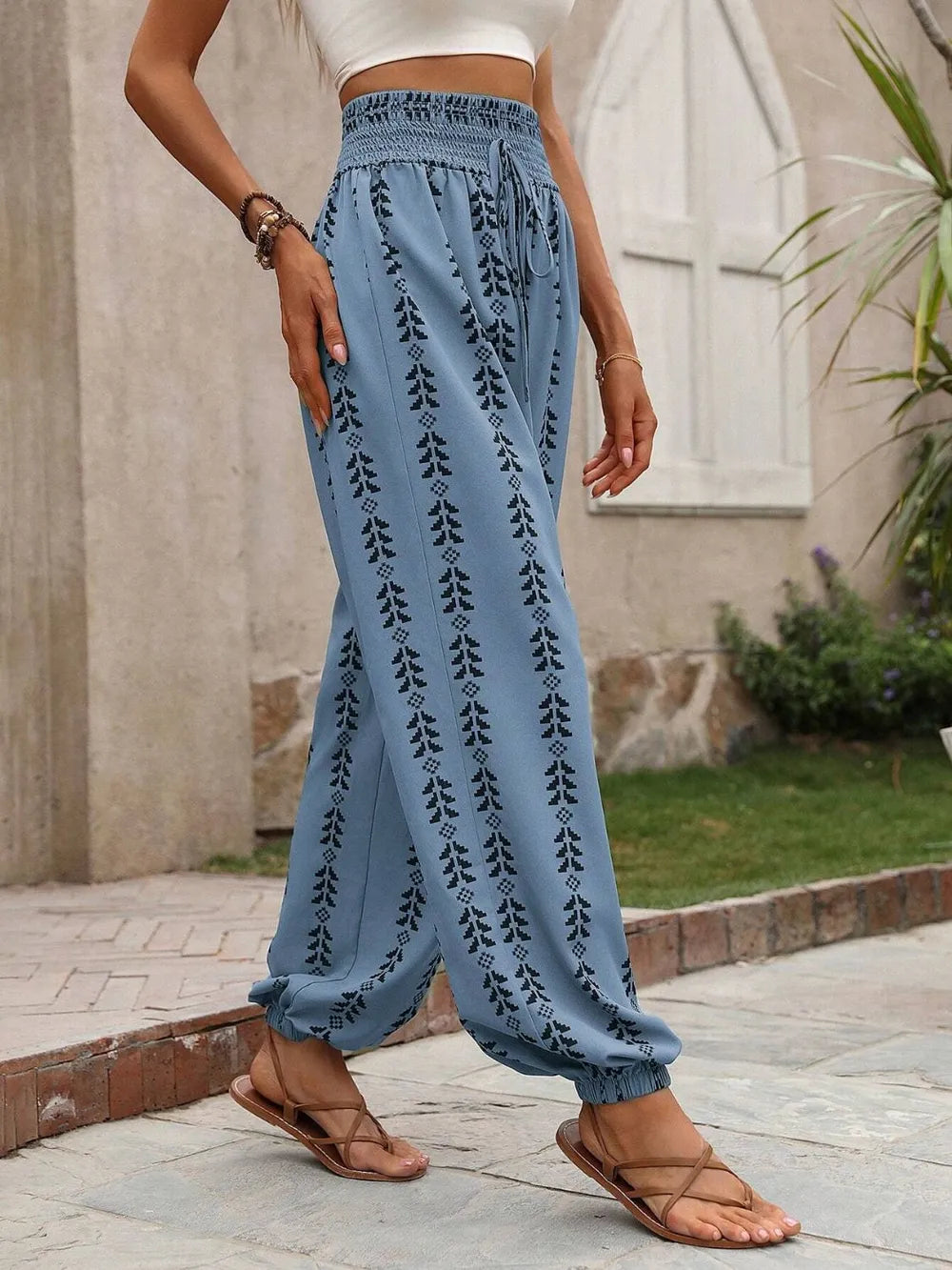 Tied Printed High Waist Pants - Roe Creation