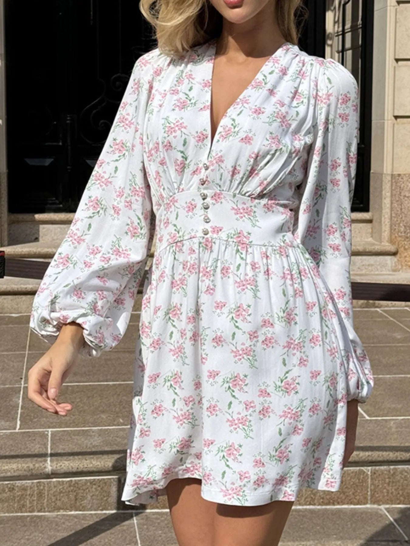 Floral Print Balloon Sleeve Dress - Roe Creation