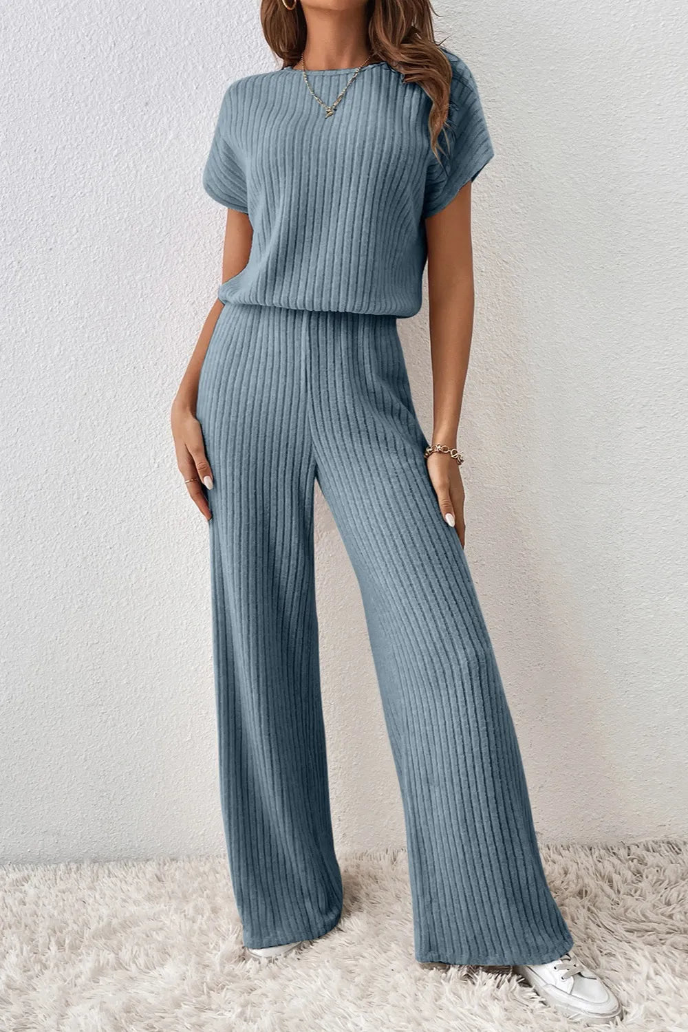 Ribbed Short Sleeve Wide Leg Jumpsuit - Roe Creation