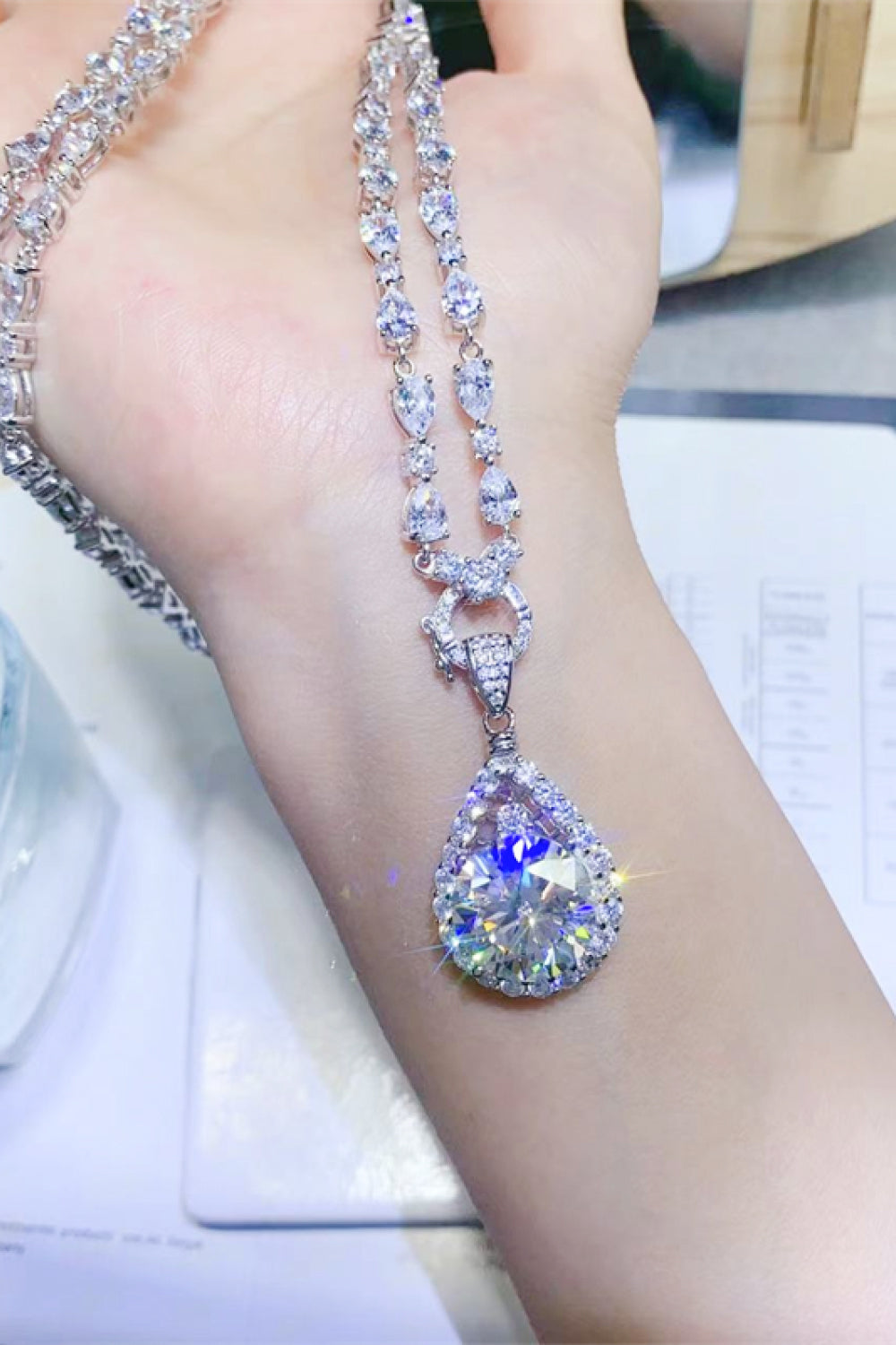 10 Carat Moissanite Teardrop Pendant Platinum-Plated Necklace - Roe Creation