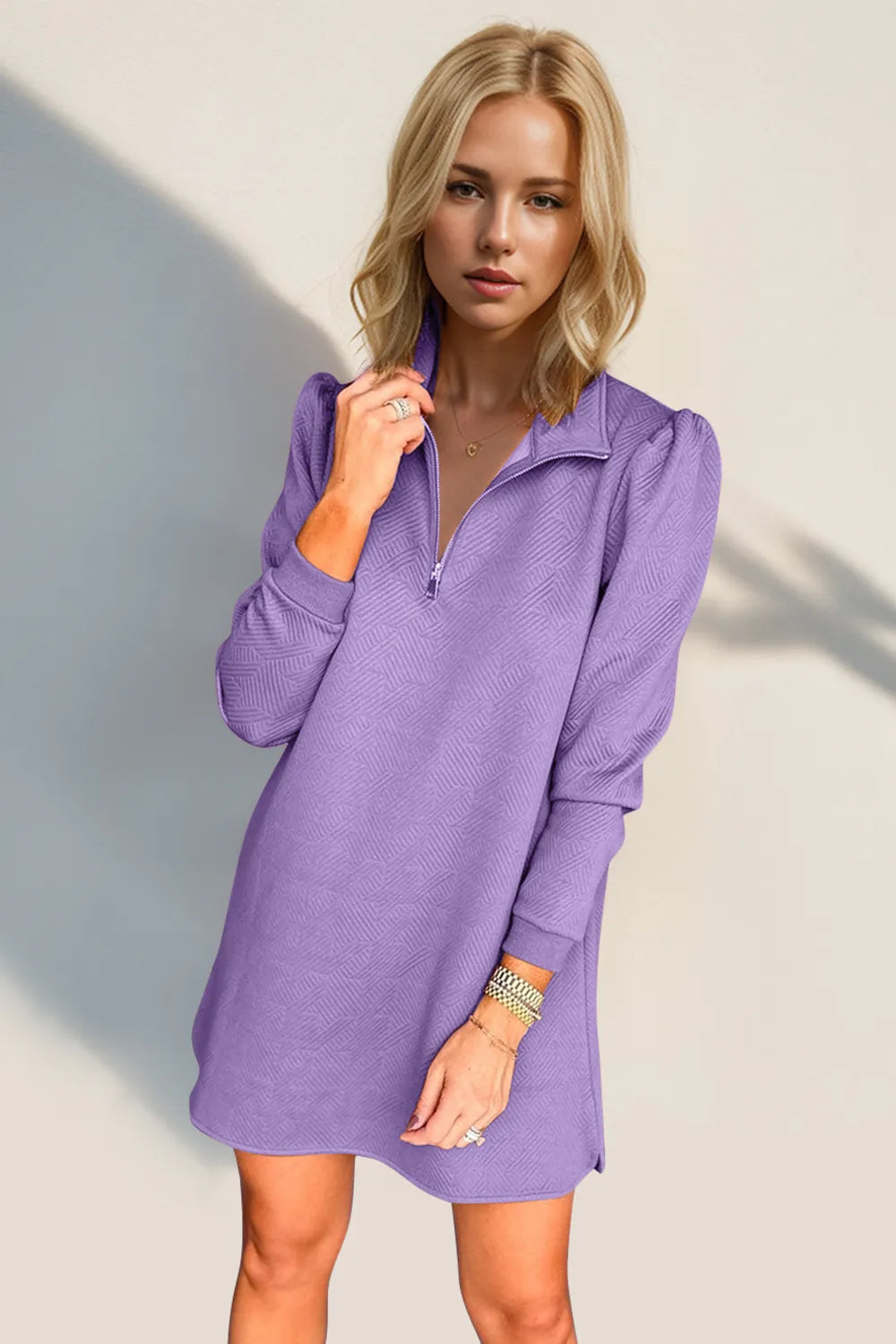 Double Take Textured Quarter Zip Long Sleeve Dress - Roe Creation