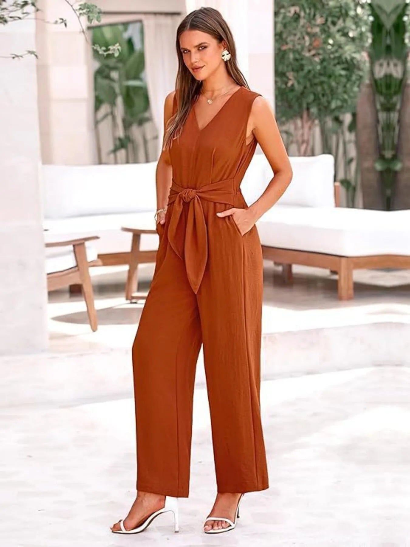 V-Neck Sleeveless Wide-Leg Jumpsuit with Waist Tie - Roe Creation