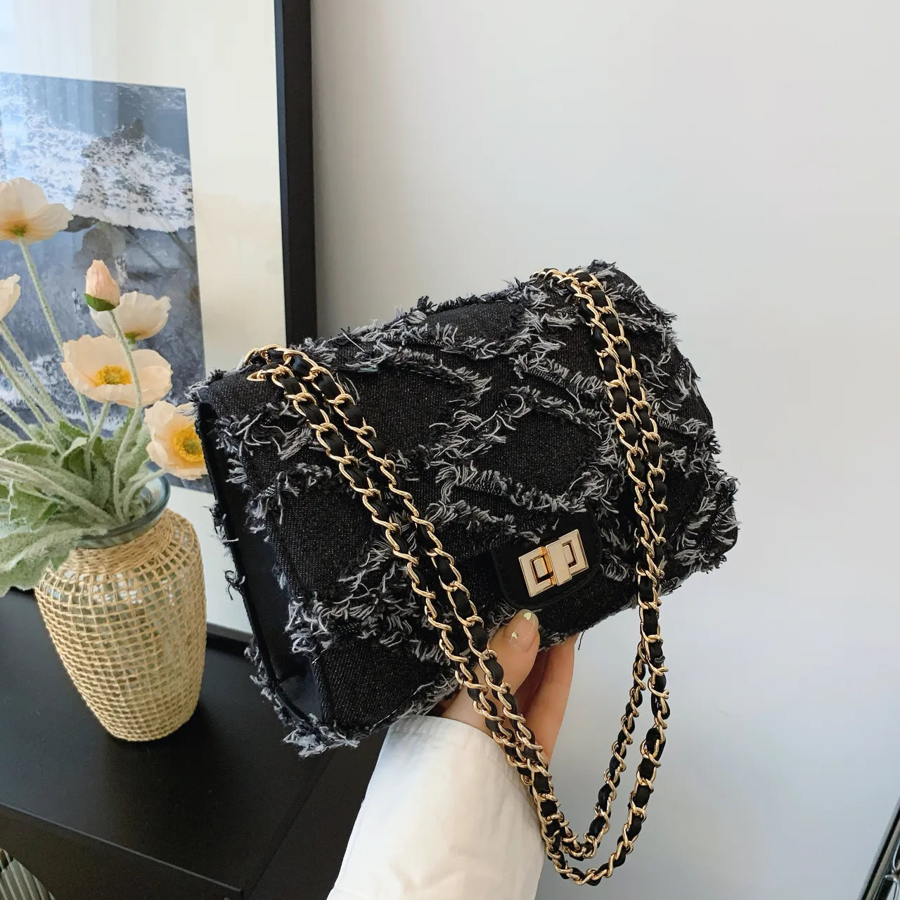 Frayed Edges Chain Crossbody Bag - Roe Creation
