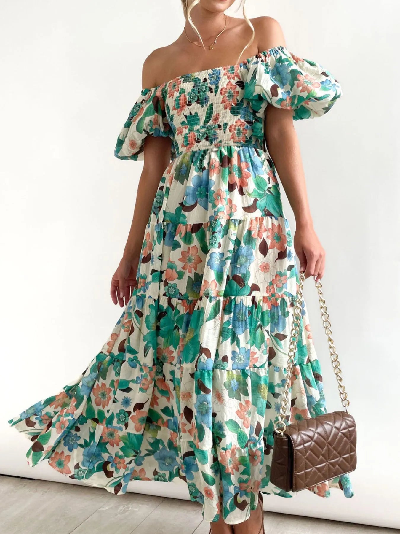 Floral Smocked Puff Sleeve Tiered Dress - Roe Creation