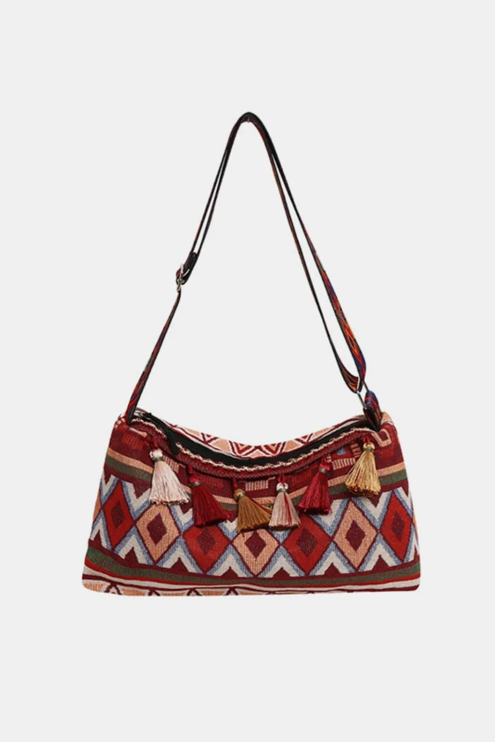 Retro Patterned Shoulder Bag with Tassel and Adjustable Strap - Roe Creation