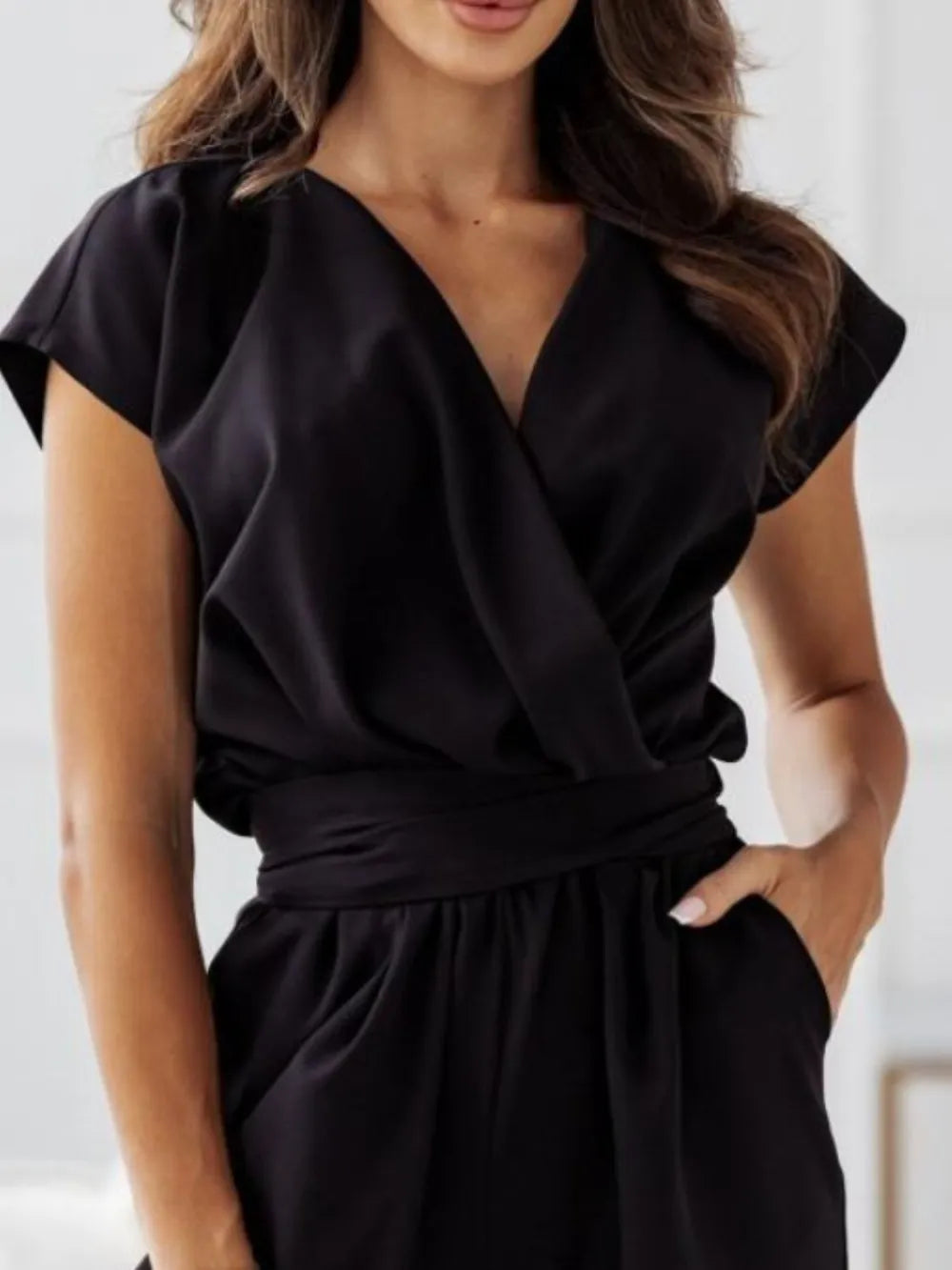 Surplice Cap Sleeve Tie Waist Jumpsuit - Roe Creation