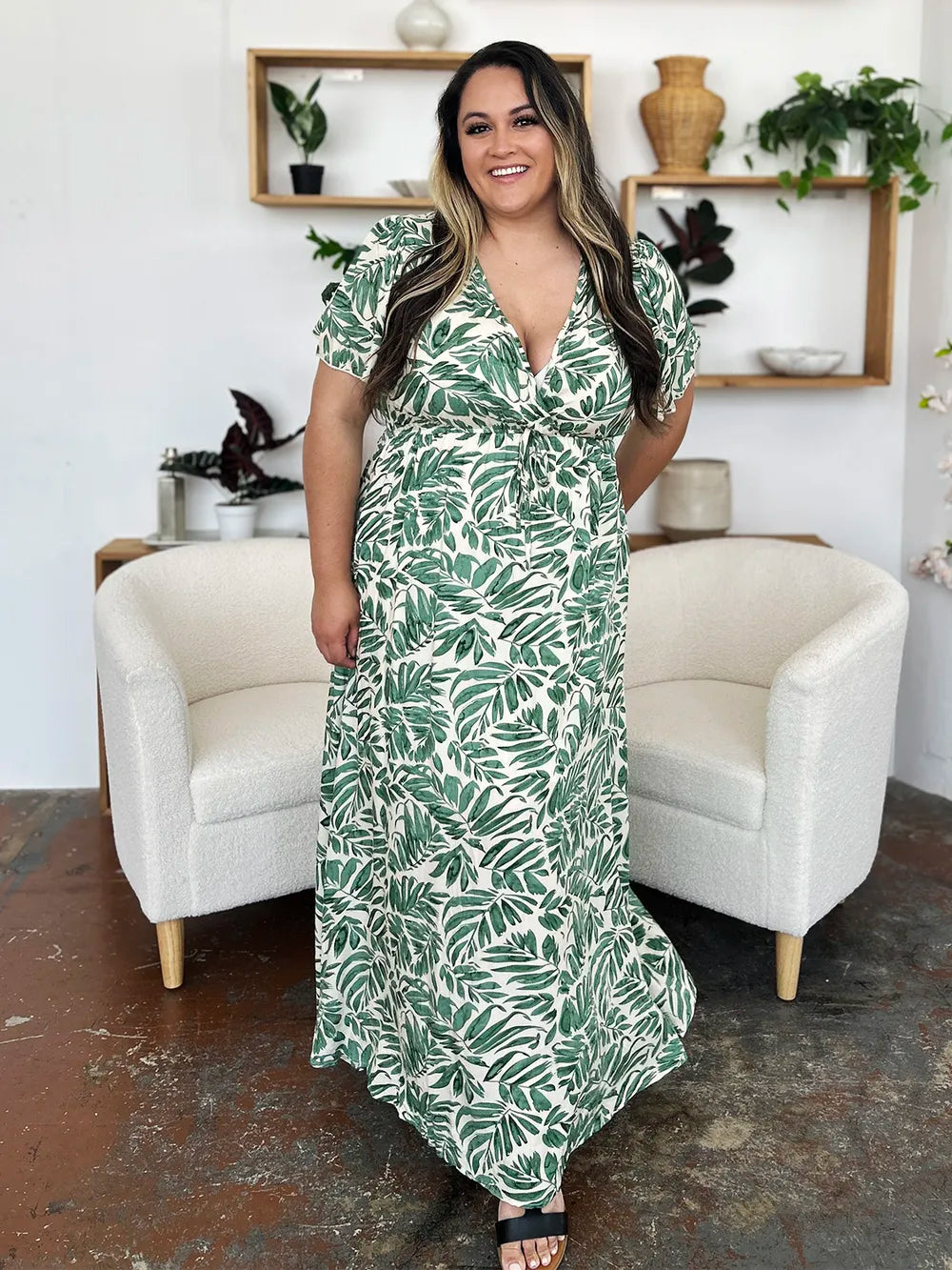 Double Take Full Size Printed Drawstring Short Sleeve Dress - Roe Creation
