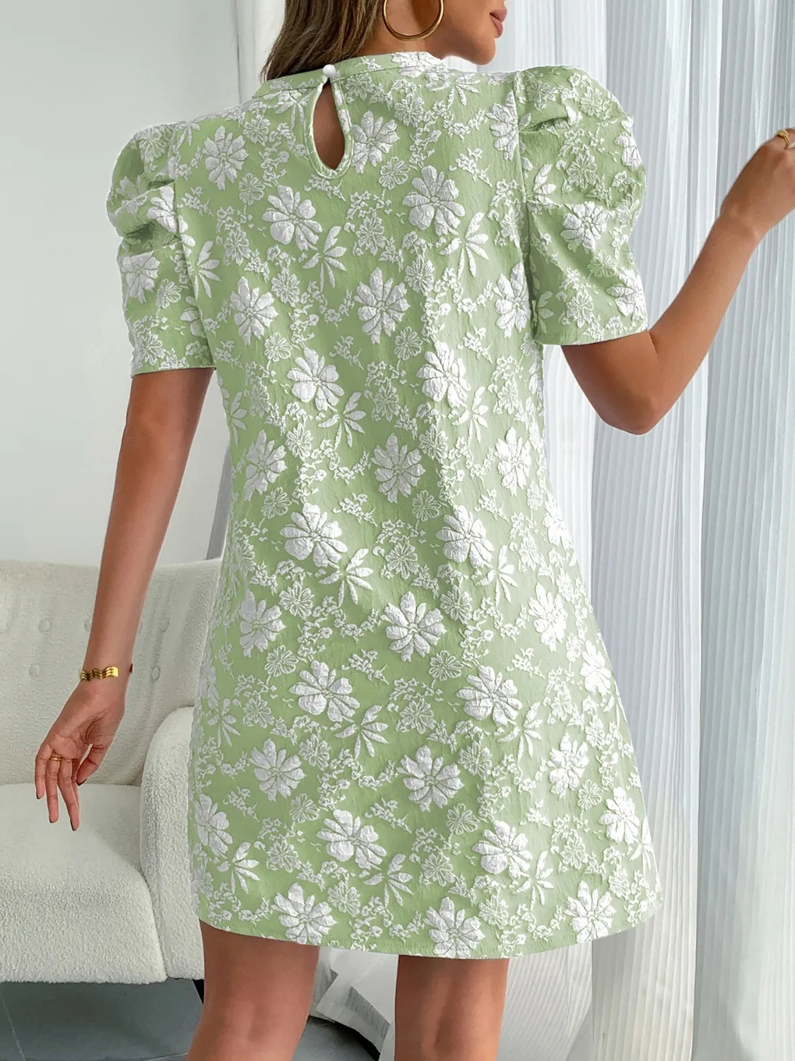 Round Neck Puff Short Sleeve Mini Dress - Roe Creation