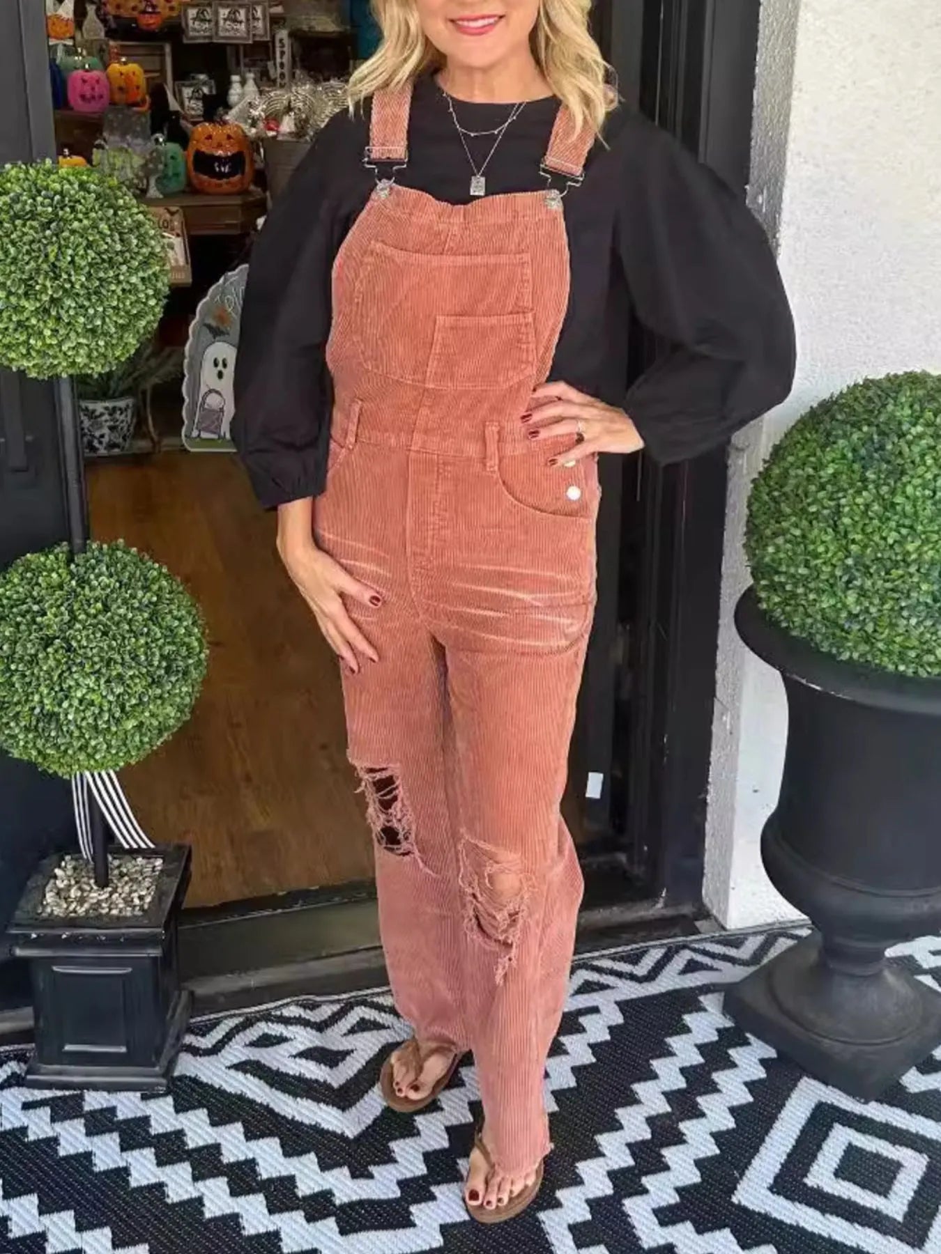 Distressed Wide Leg Corduroy Overalls - Roe Creation