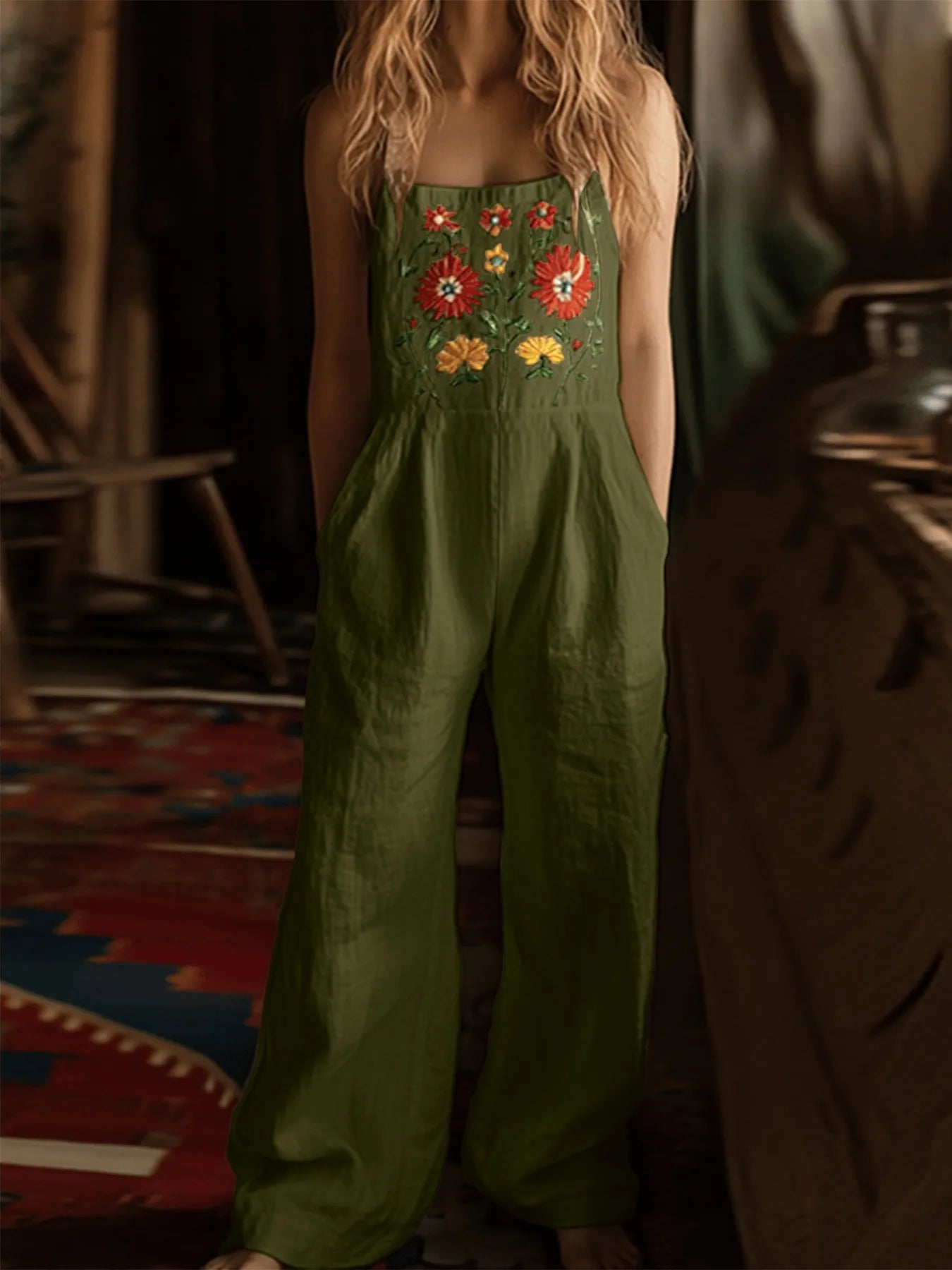 Floral Embroidered Wide Leg Jumpsuit - Roe Creation