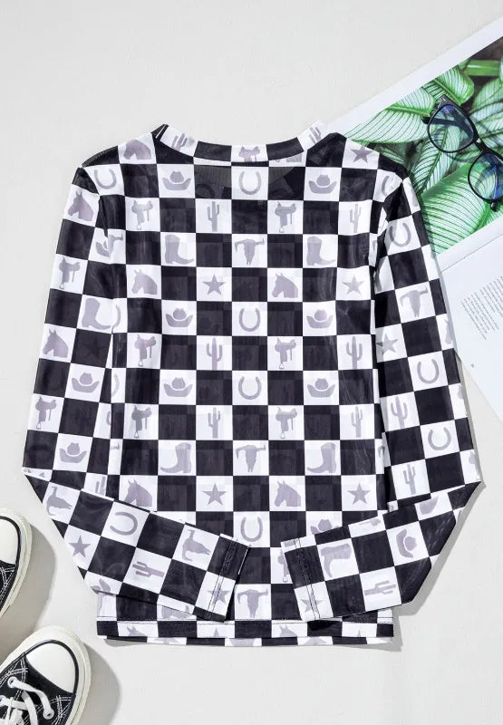 Checkered Mock Neck Long Sleeve Top - Roe Creation