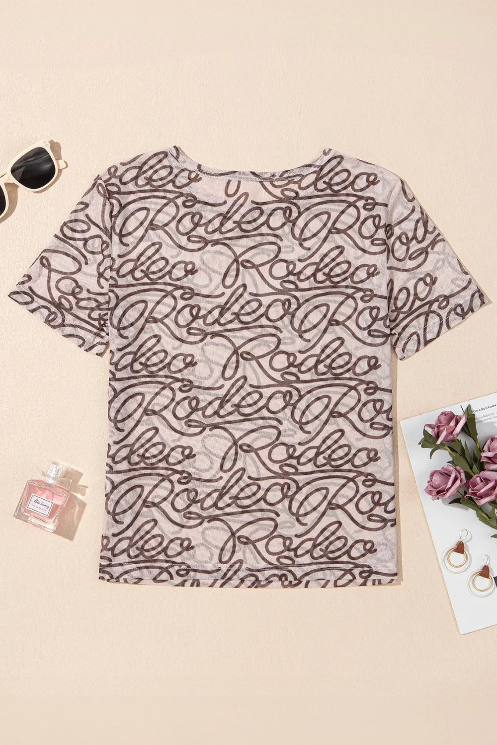 Printed Round Neck Short Sleeve Mesh T-Shirt - Roe Creation