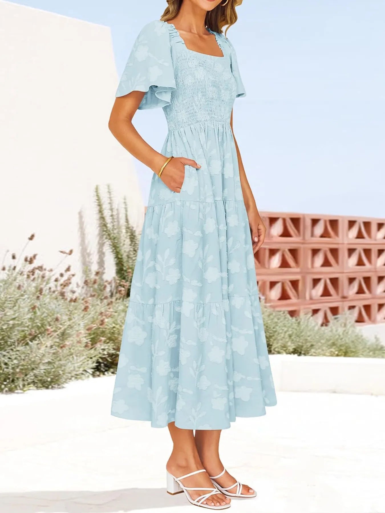Smocked Square Neck Short Sleeve Dress - Roe Creation