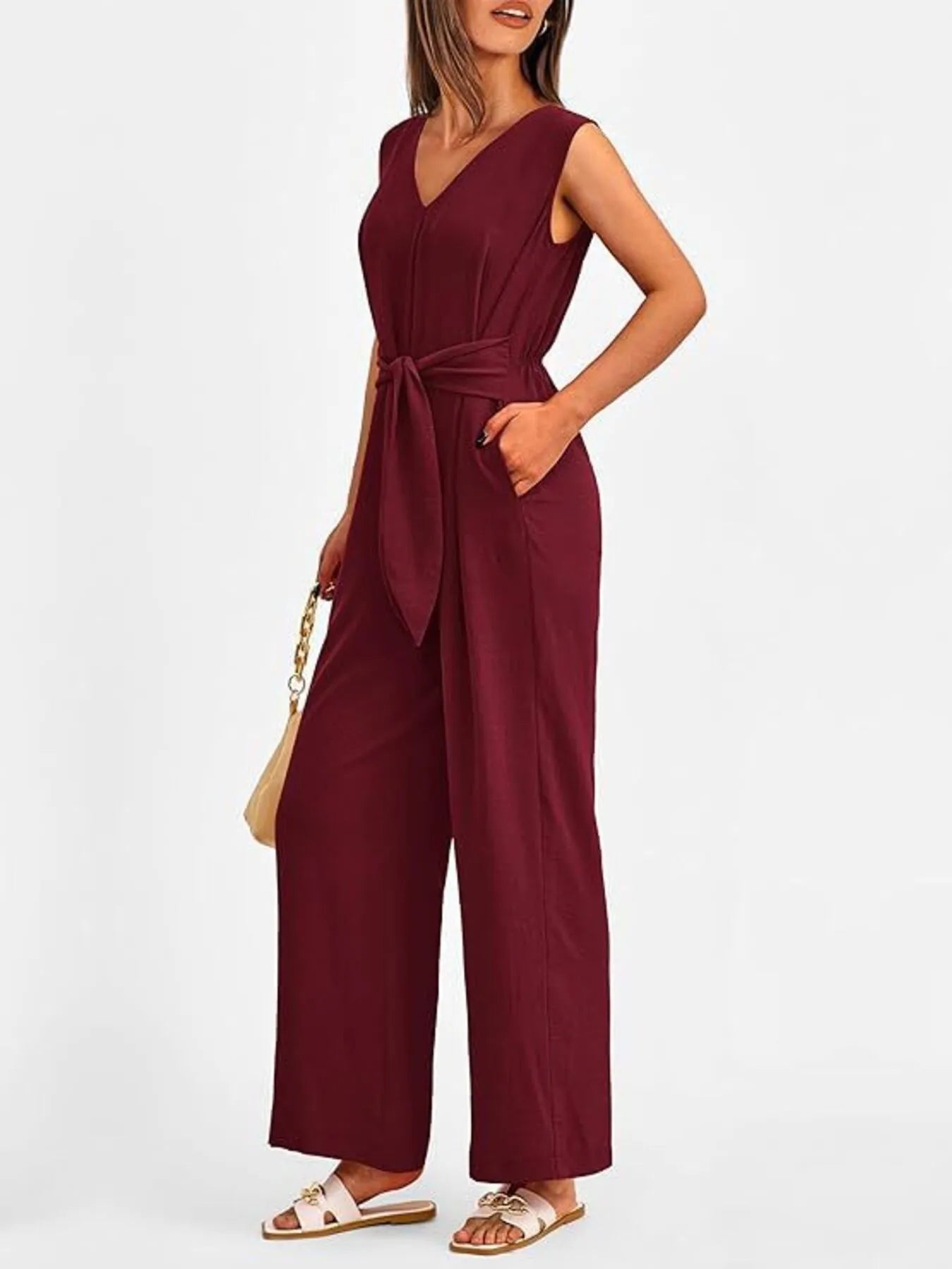 V-Neck Sleeveless Wide-Leg Jumpsuit with Waist Tie - Roe Creation