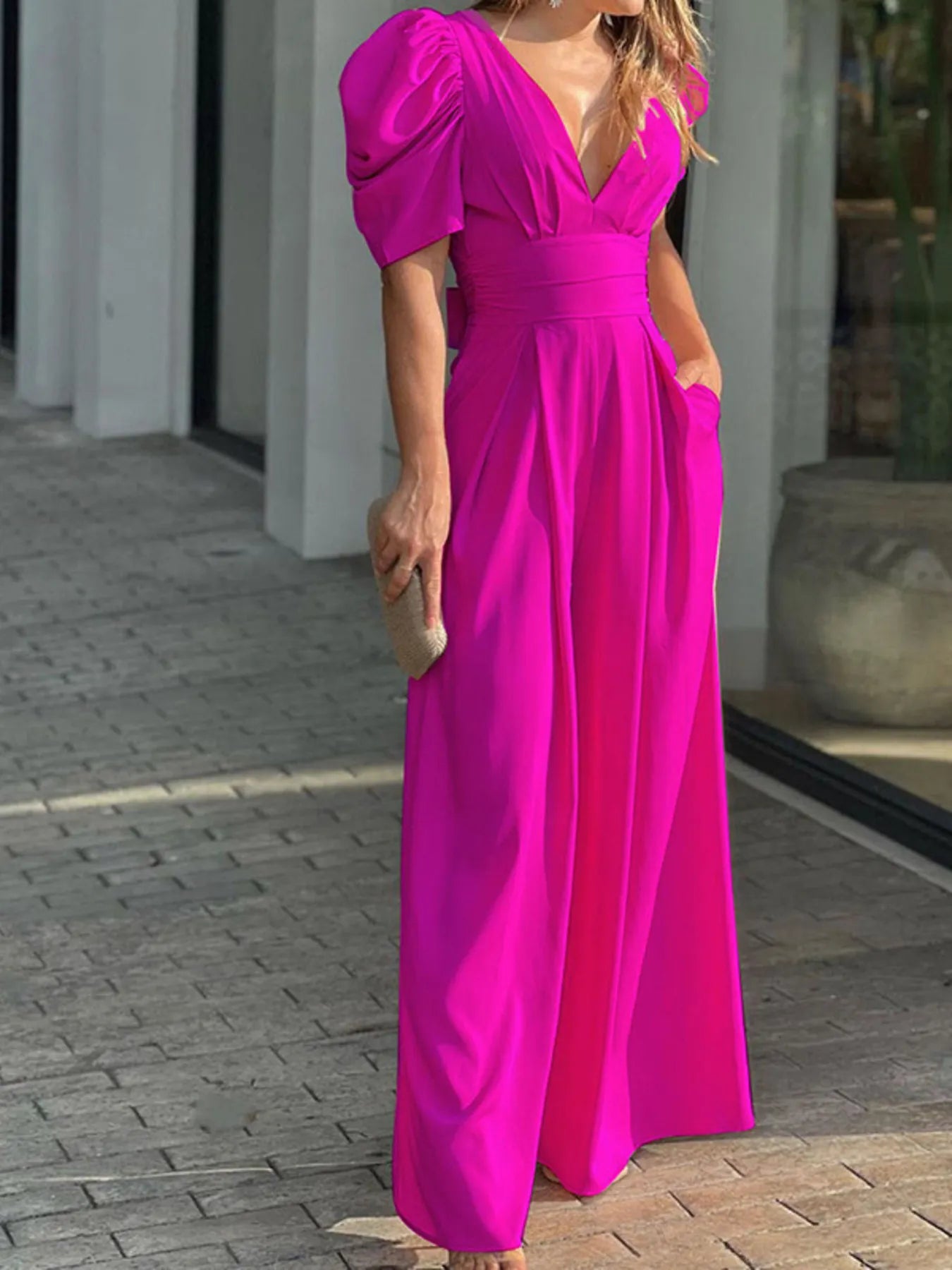 Full Size Cutout V-Neck Puff Sleeve Jumpsuit Plus Size - Roe Creation