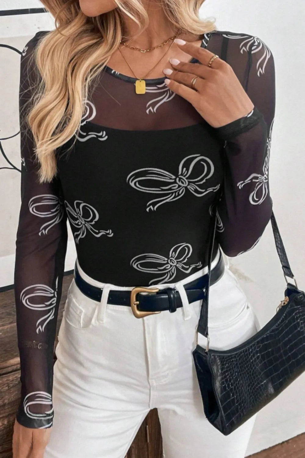 Bow Round Neck Long Sleeve Top - Roe Creation