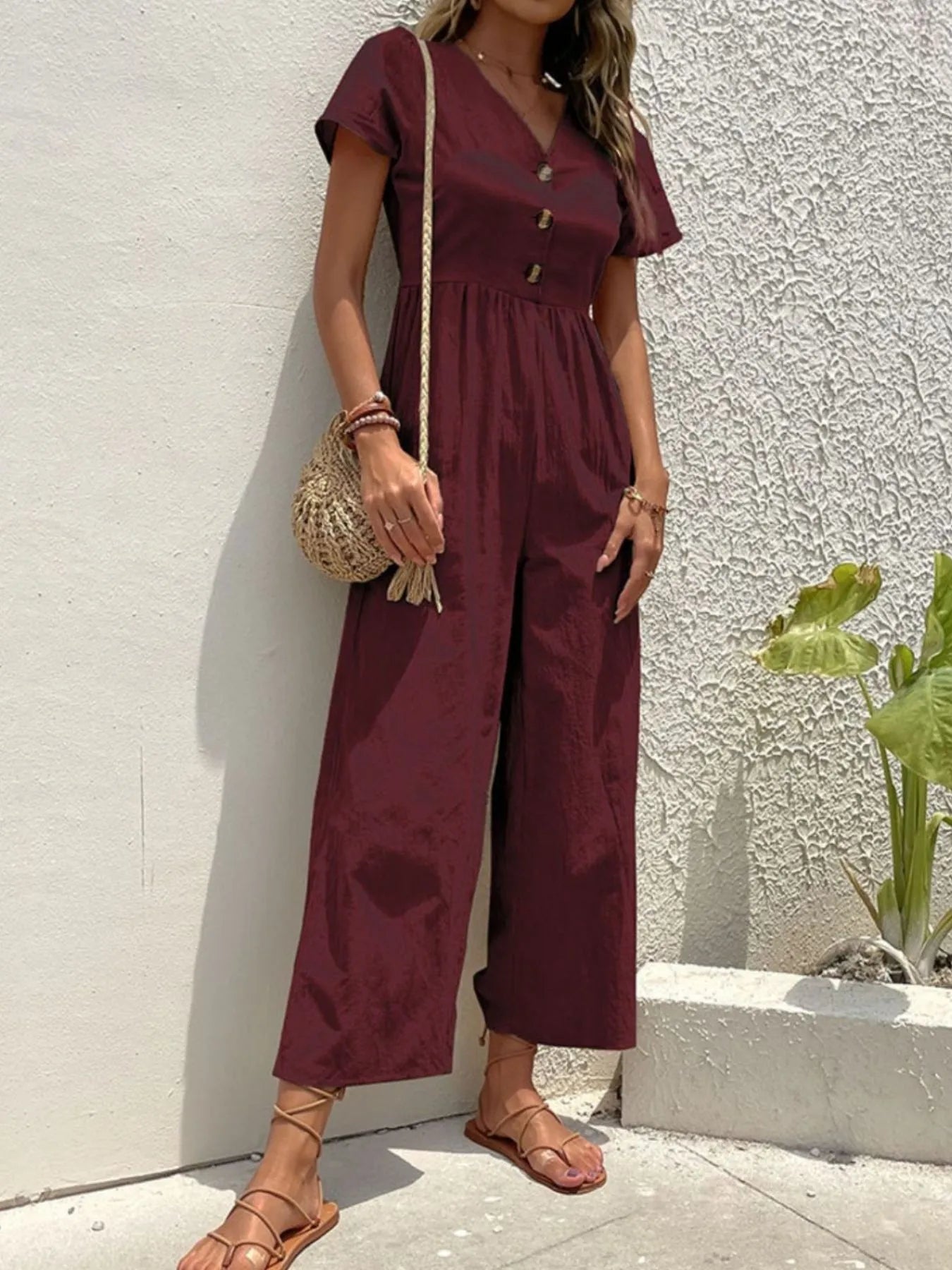 V-Neck Short Sleeve Wide Leg Jumpsuit - Roe Creation