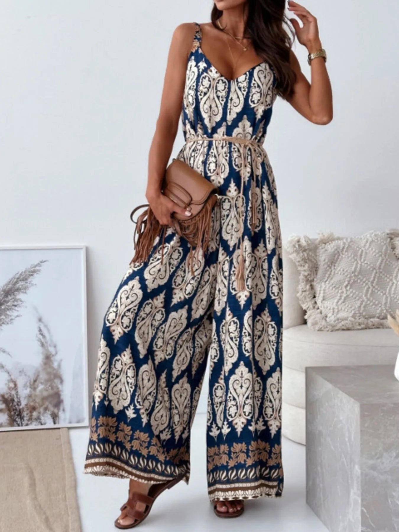 Paisley Print Spaghetti Strap Wide Leg Jumpsuit - Roe Creation