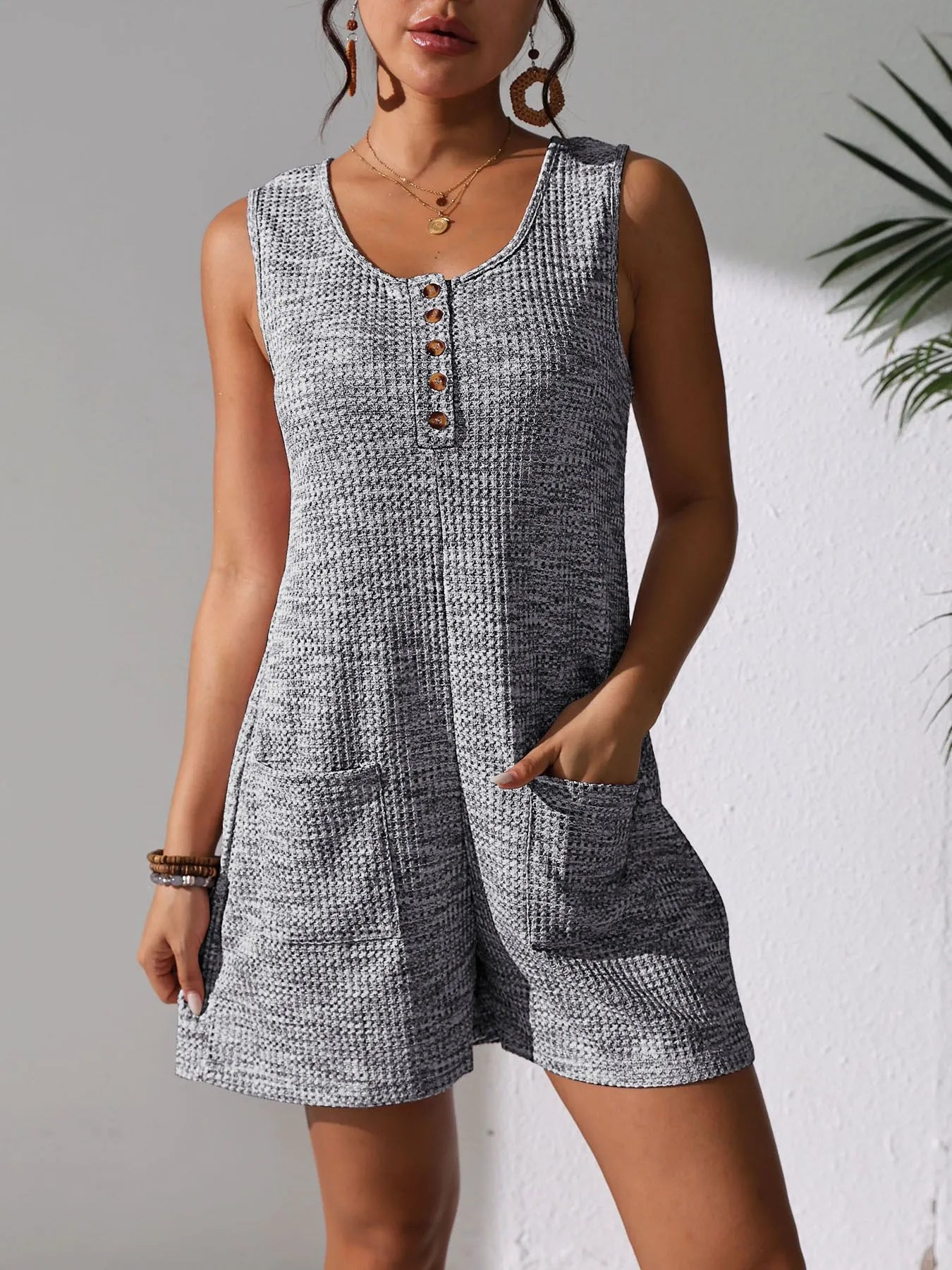 Full Size Button Front Romper with Pockets Plus Size - Roe Creation