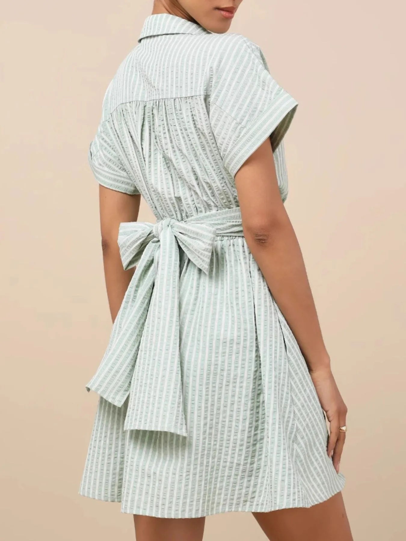 Striped Cutout Front Short Sleeve Shirt Dress - Roe Creation