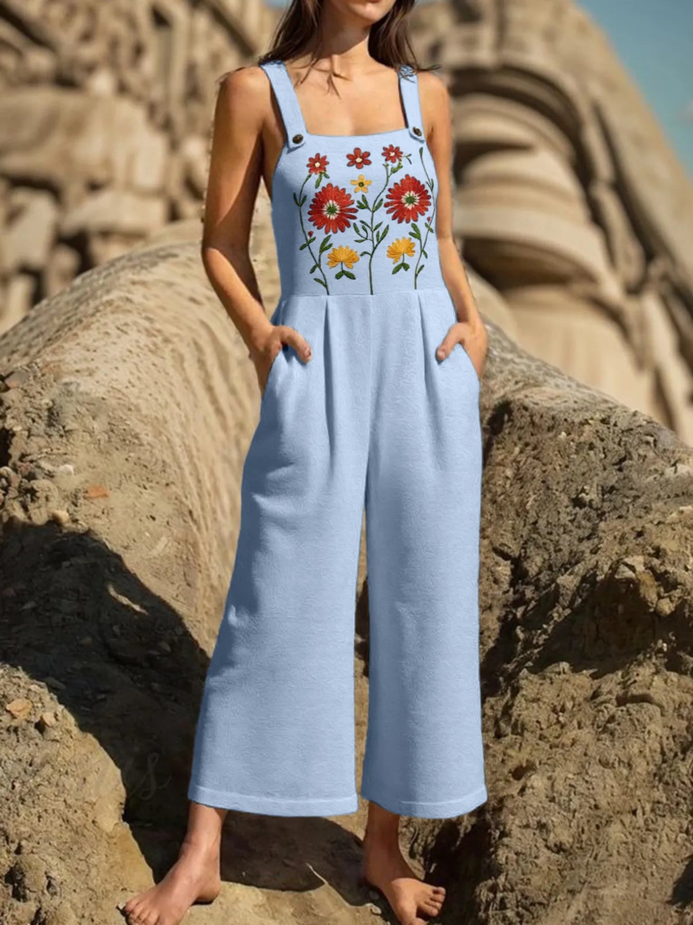 Floral Embroidered Wide Leg Jumpsuit - Roe Creation