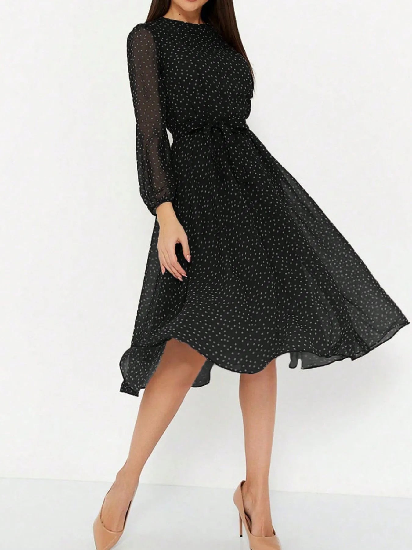 Polka Dot Long Sleeve Midi Dress - Roe Creation