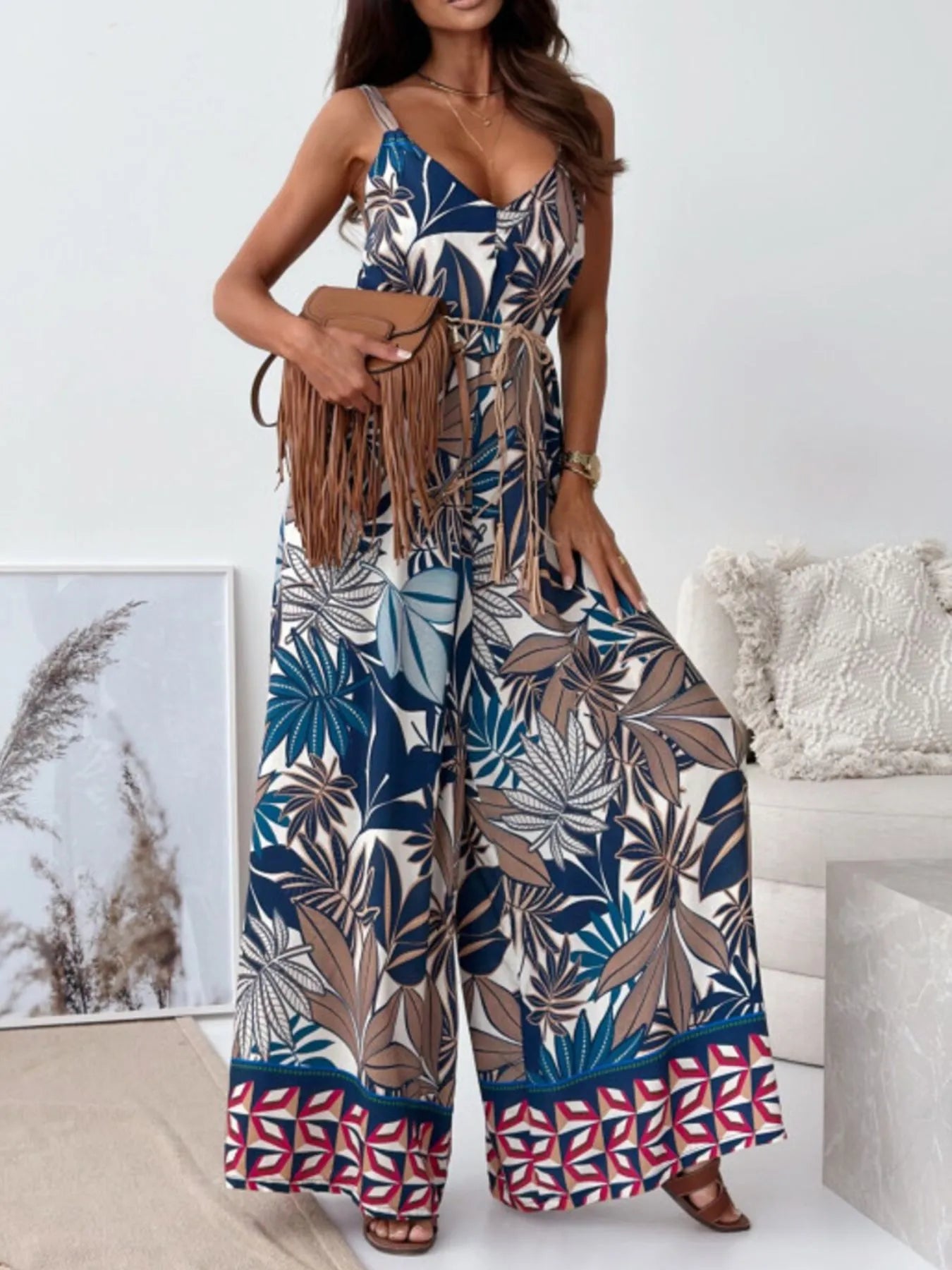 Paisley Print Spaghetti Strap Wide Leg Jumpsuit - Roe Creation