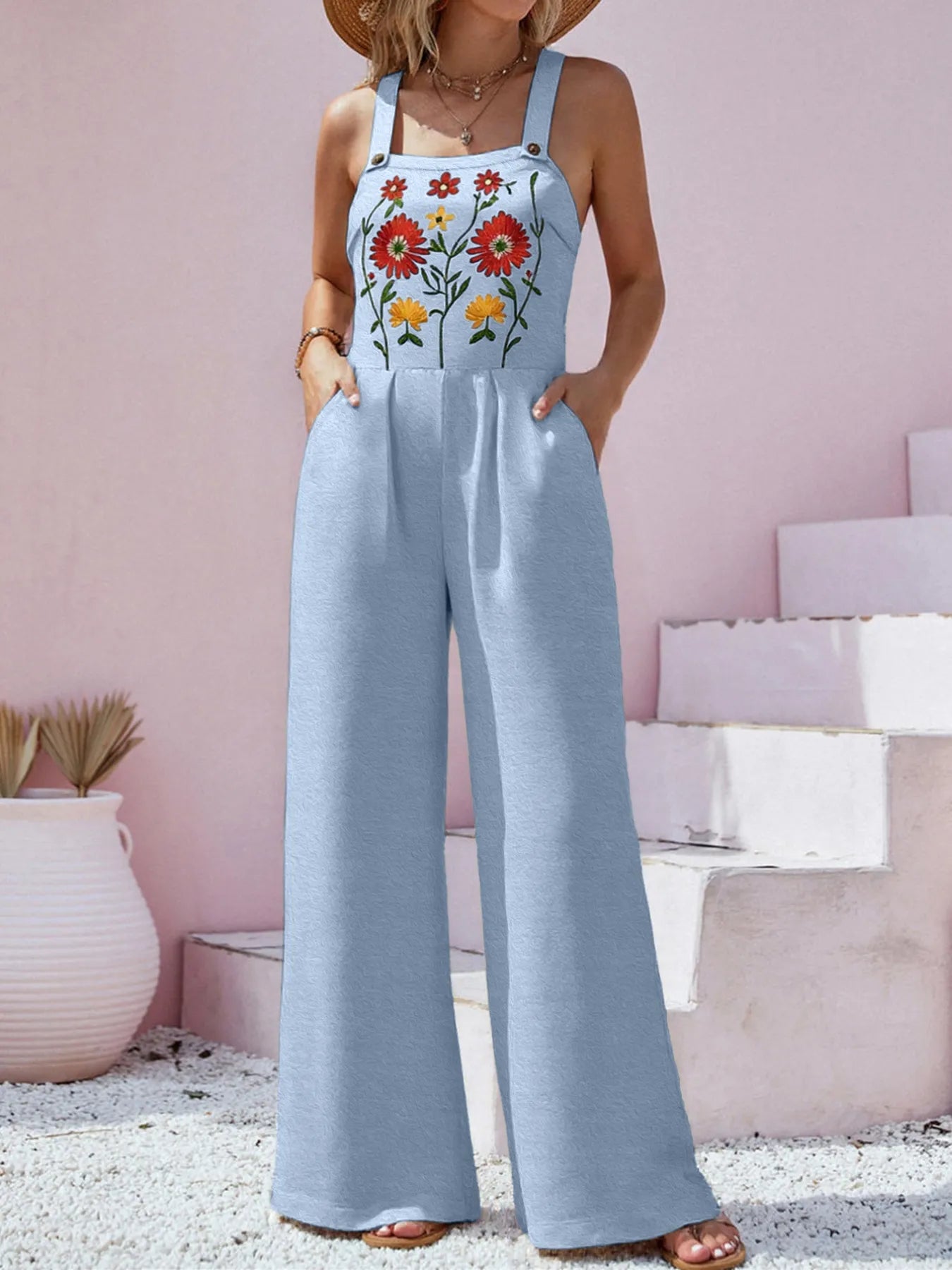Floral Embroidered Wide Leg Jumpsuit - Roe Creation