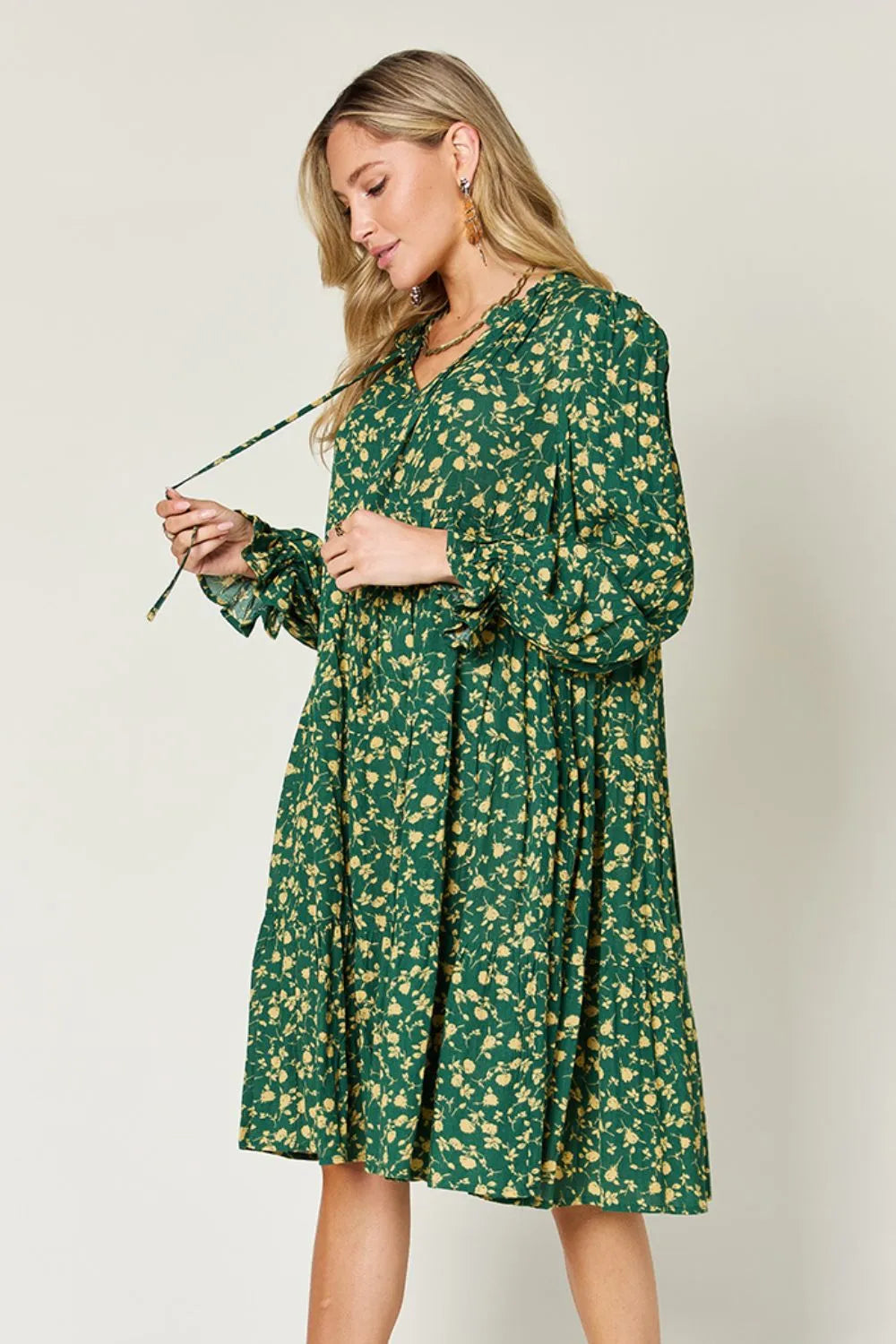 Double Take Full Size Printed Ruffle Hem Long Sleeve Tiered Dress - Roe Creation