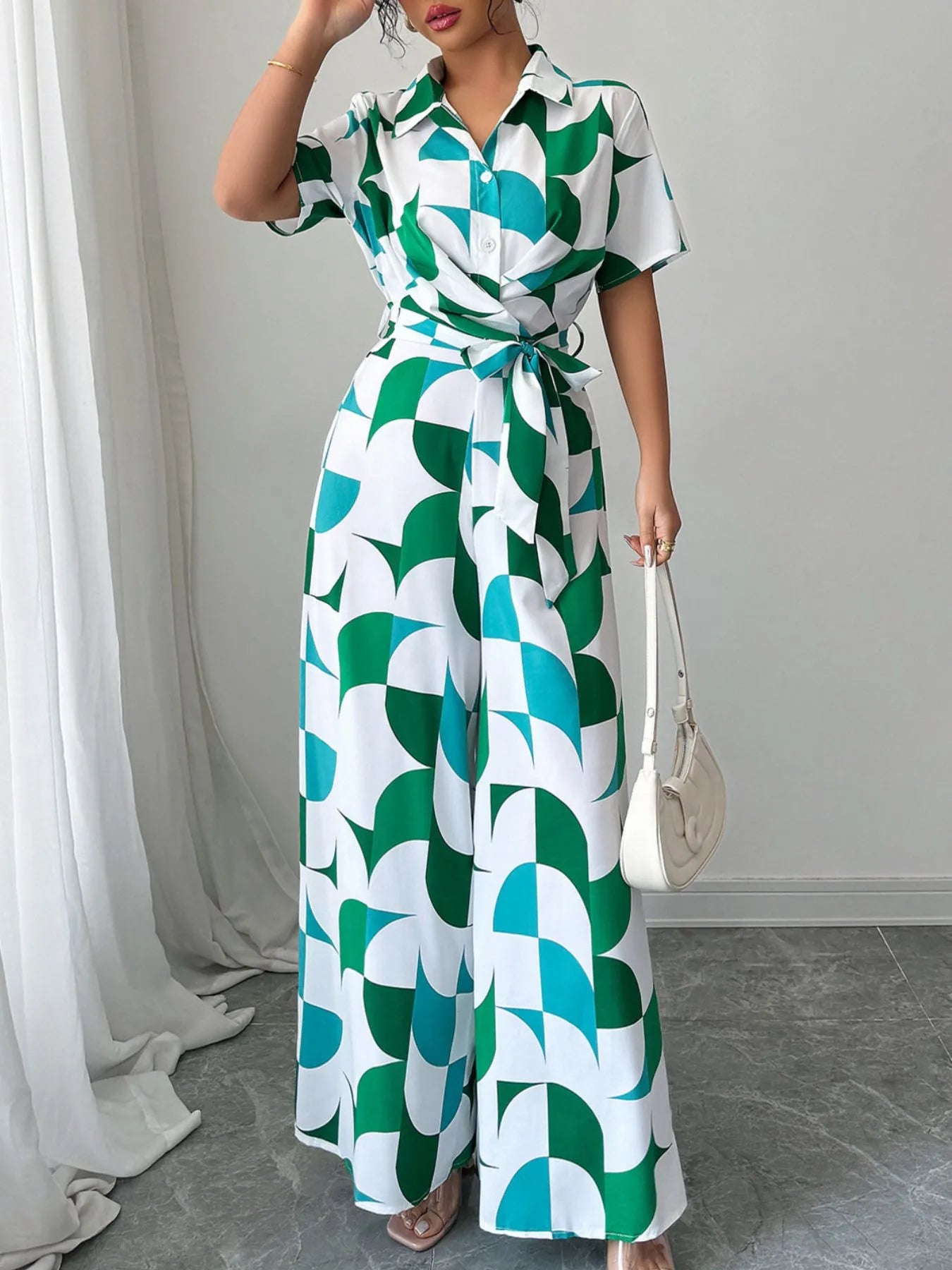 Printed Wide Leg Belted Jumpsuit - Roe Creation