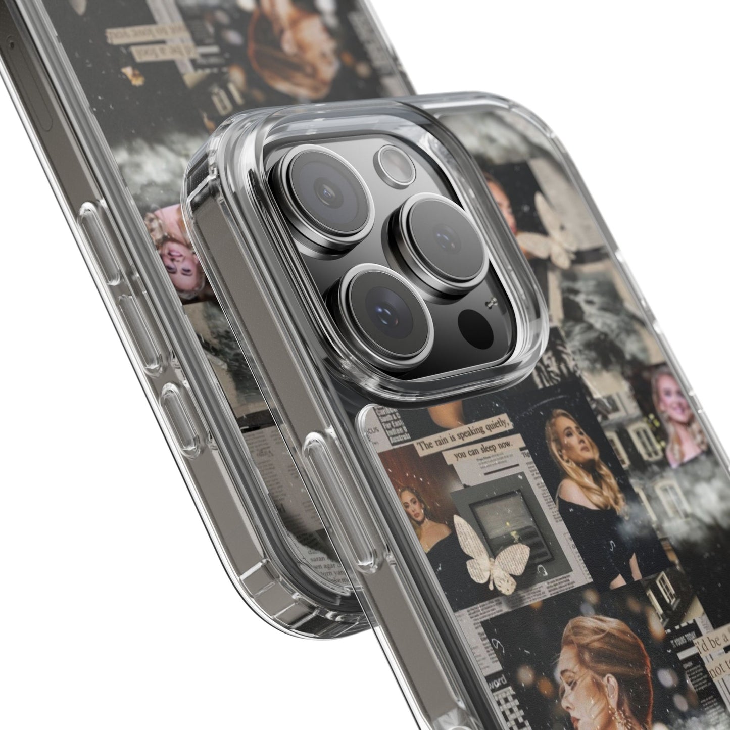 Adele Aesthetic Clear Phone Case with Butterfly Collage Design