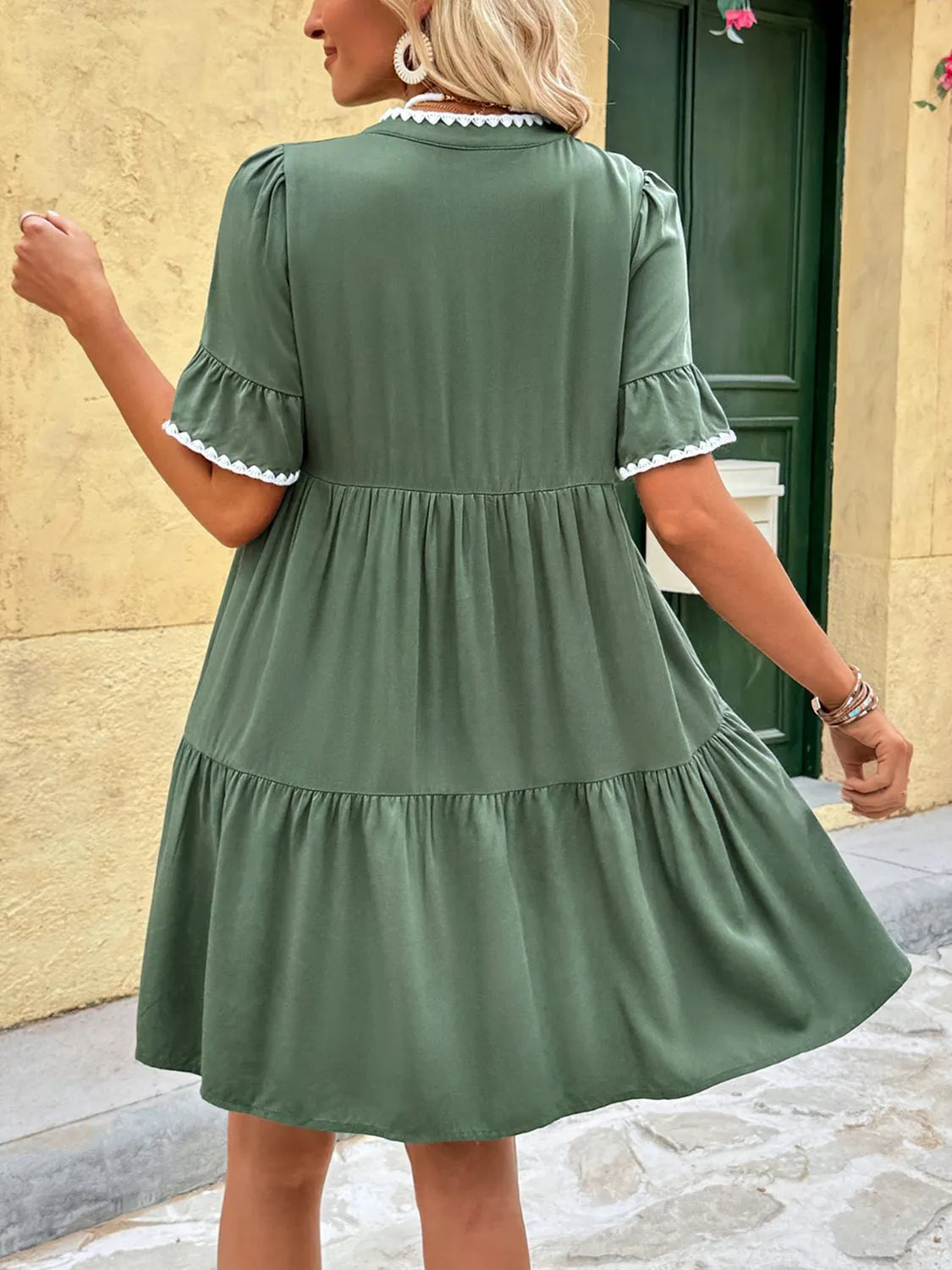 Lace Trim Notched Neck Mini Dress with Flounce Sleeves – Chic Summer Style - Roe Creation