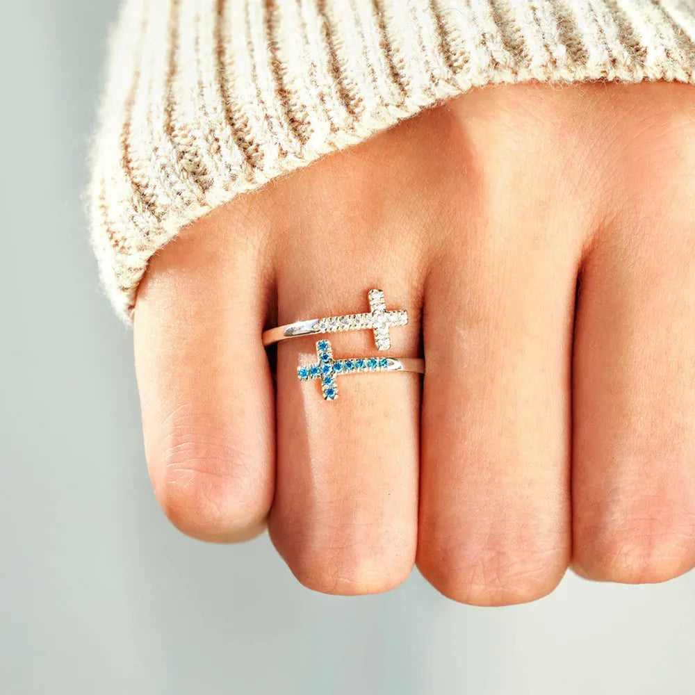 Zircon 925 Sterling Silver Double Cross Bypass Ring - Roe Creation