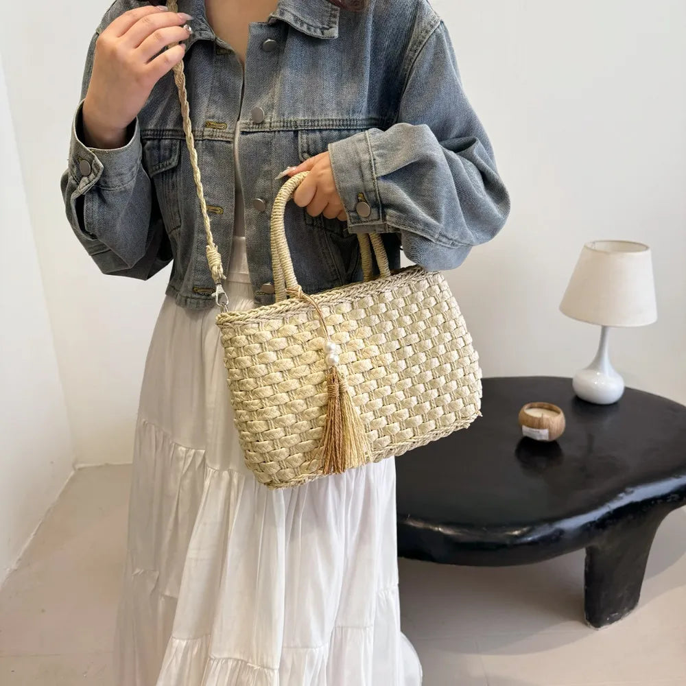 Braided Strap Paper Weave Shoulder Bag - Roe Creation